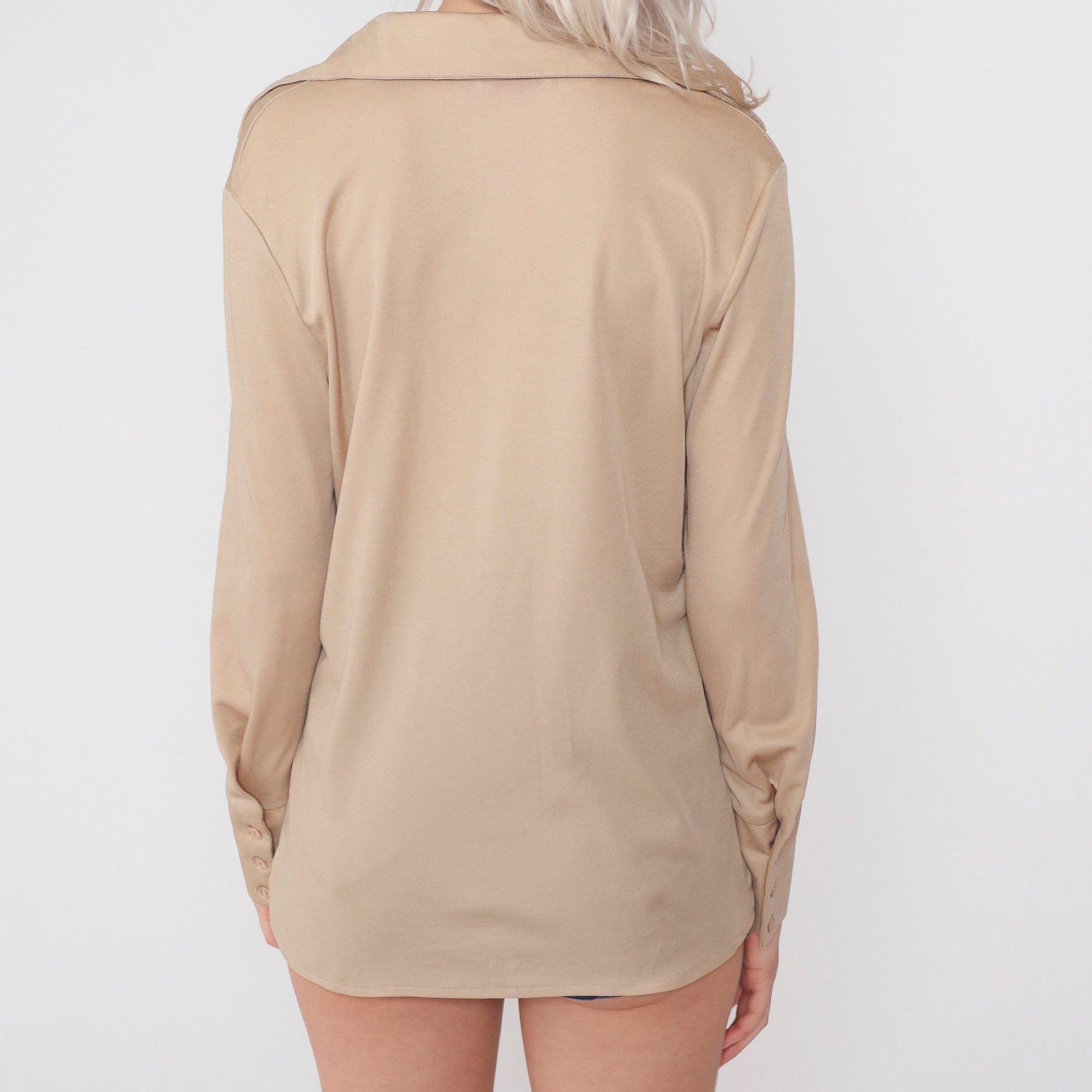 70s Tan Johnny Collar Long Sleeve Blouse Large L