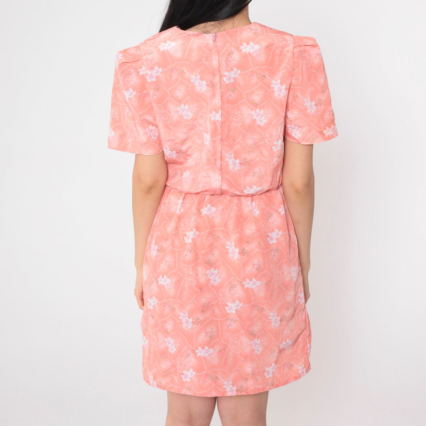 80s Pink Floral Mini Dress Puff Sleeve High Waisted Johnny Collar Small