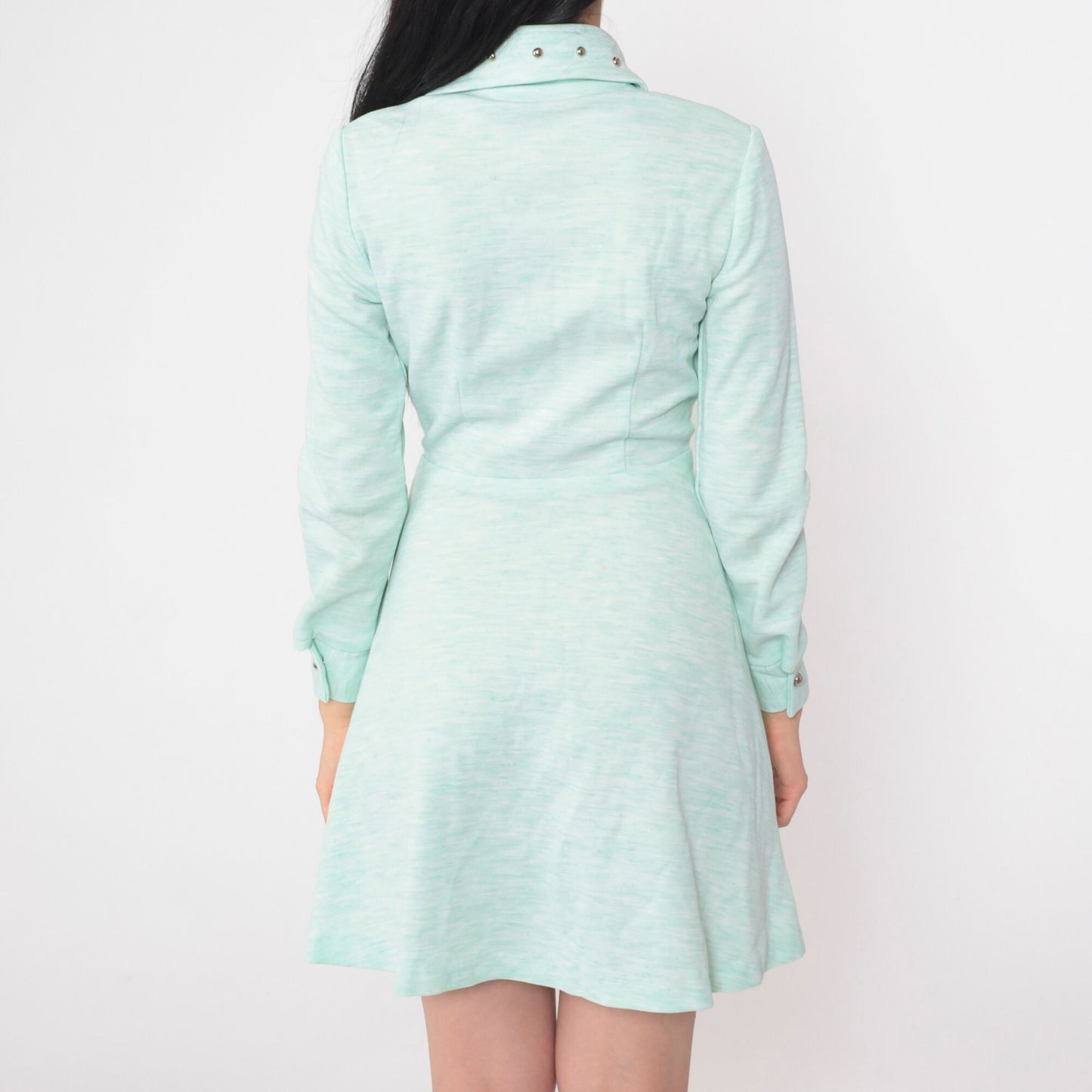 70s Studded Mint Button-Up Minidress Long Sleeve Collared Extra Small