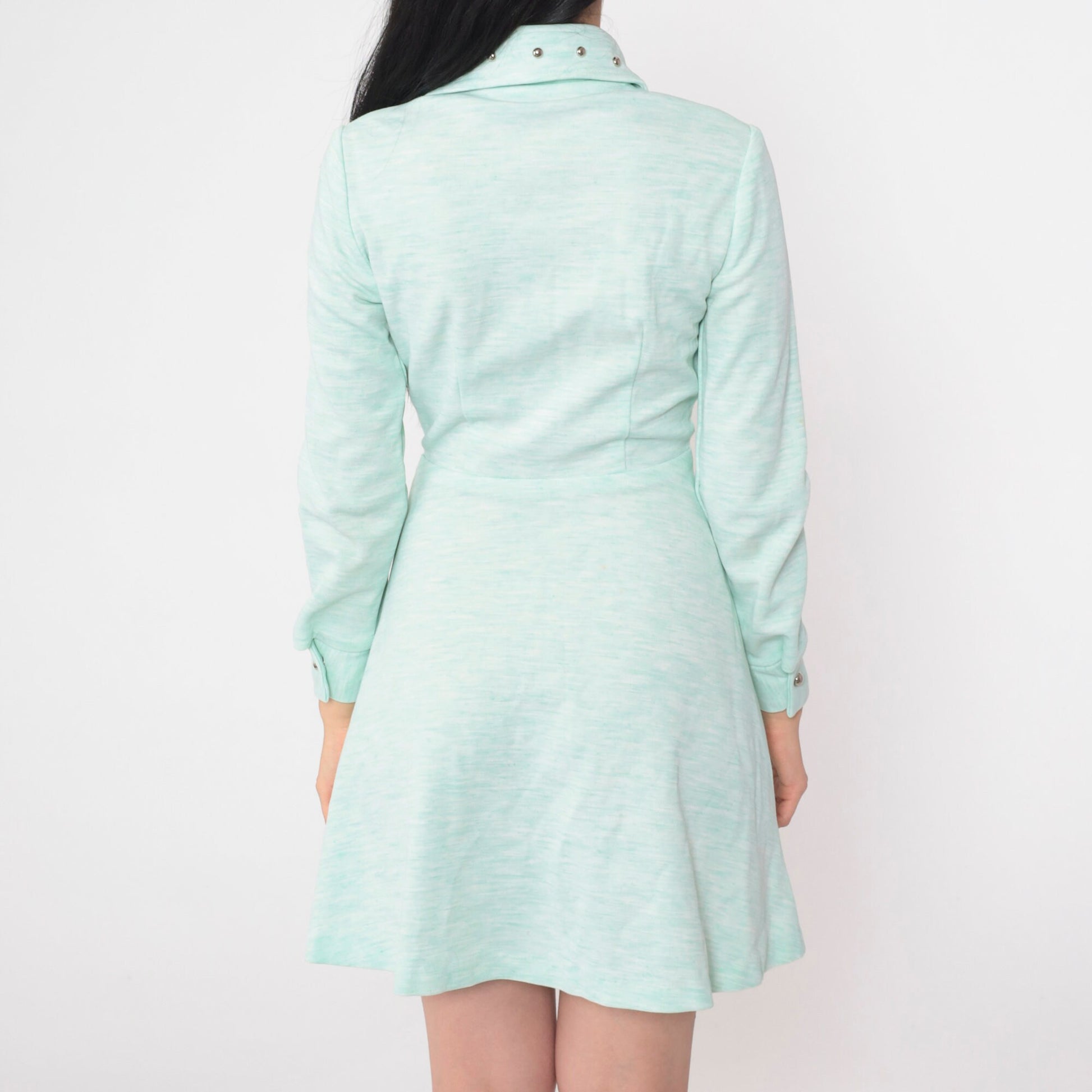 70s Studded Mint Button-Up Minidress Long Sleeve Collared Extra Small
