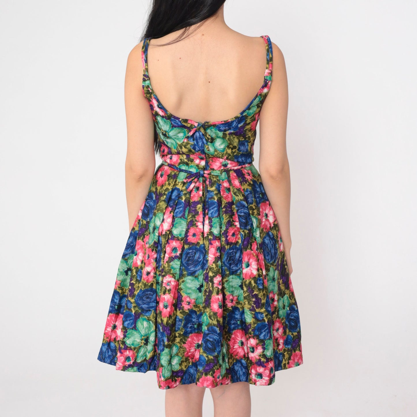 60s Floral Mini Dress High Waist Sleeveless Full Skirt Cocktail XXS
