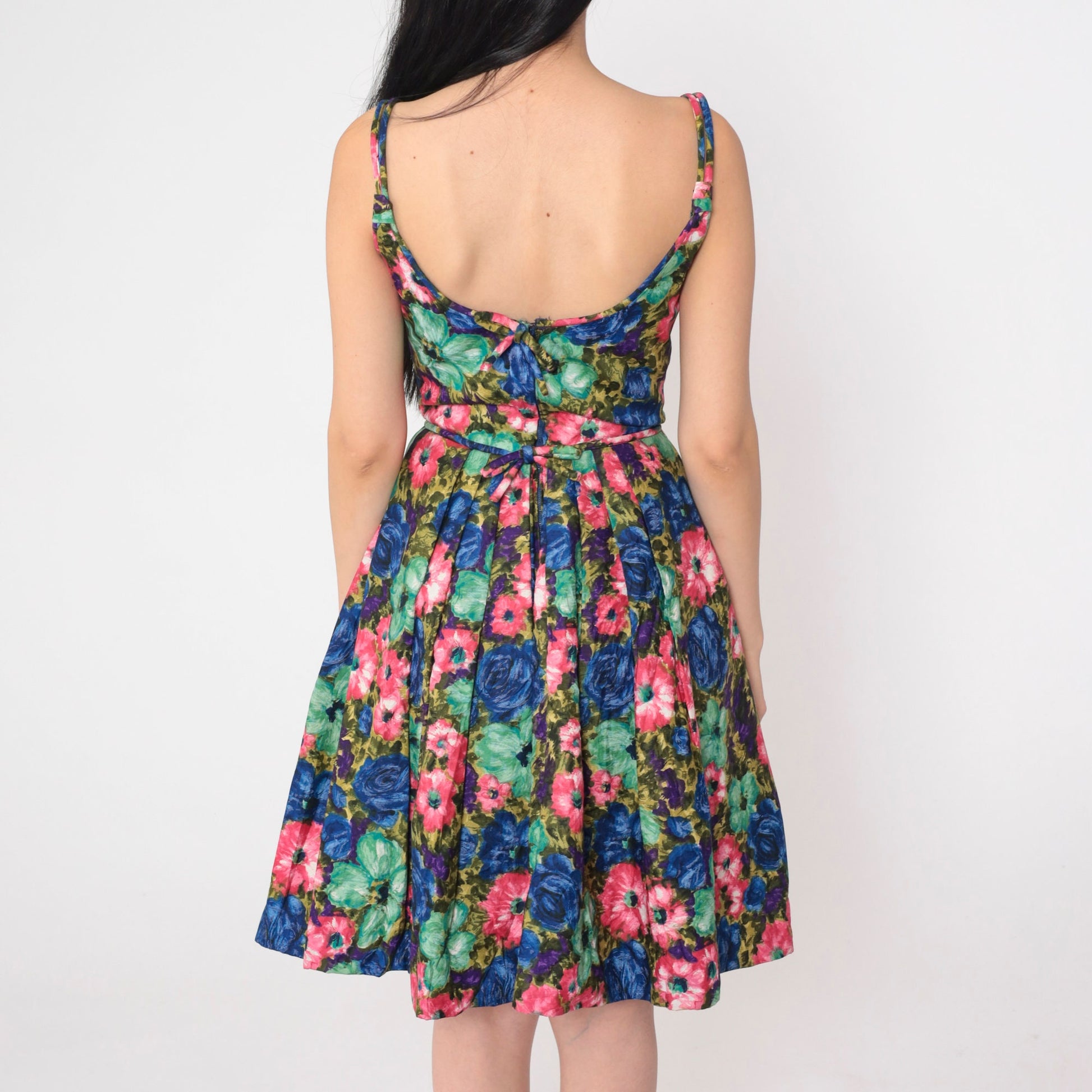 60s Floral Mini Dress High Waist Sleeveless Full Skirt Cocktail XXS