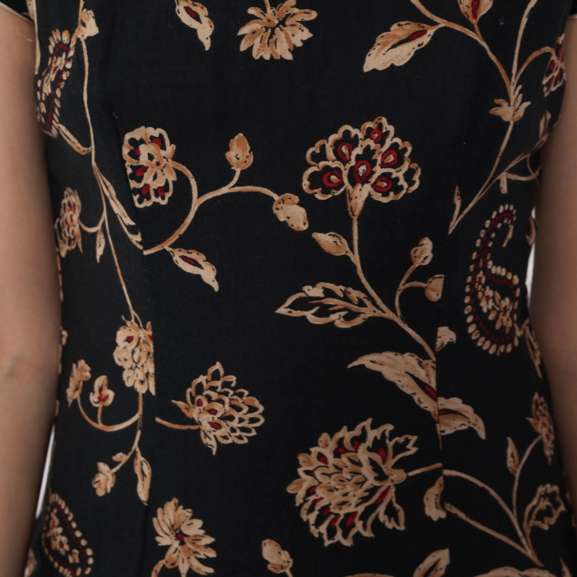 90s Black Floral Mini Dress Gold Red Asian Print Mandarin Collar Small