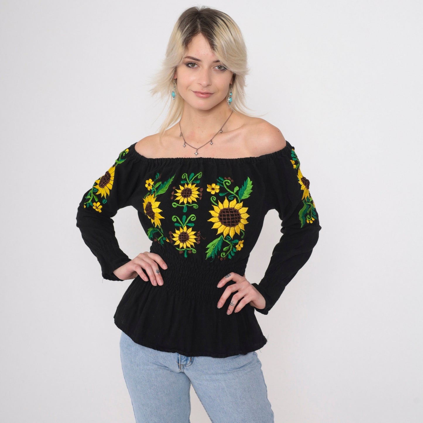 90s Mexican Embroidered Blouse Black Off-Shoulder Sunflower Smocked Small