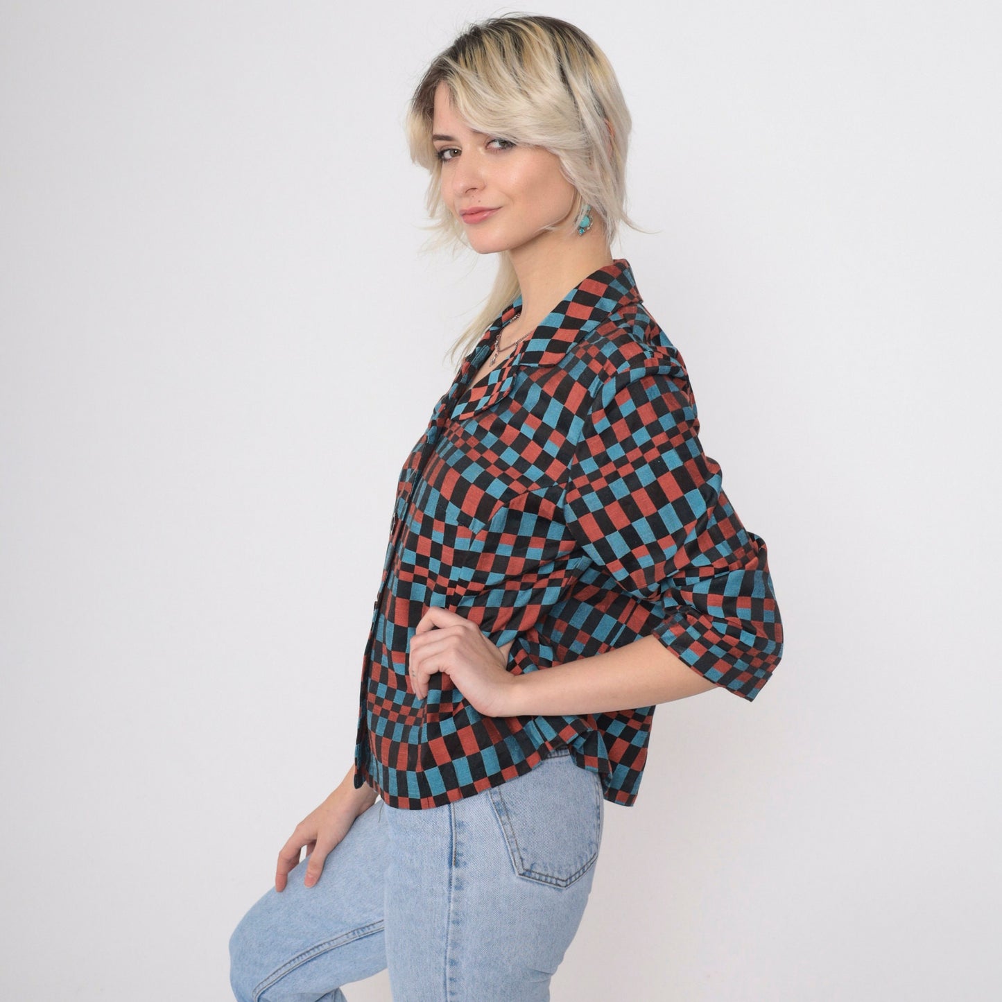 90s Checkered Blazer Black Blue Burnt Orange Op Art Print Medium