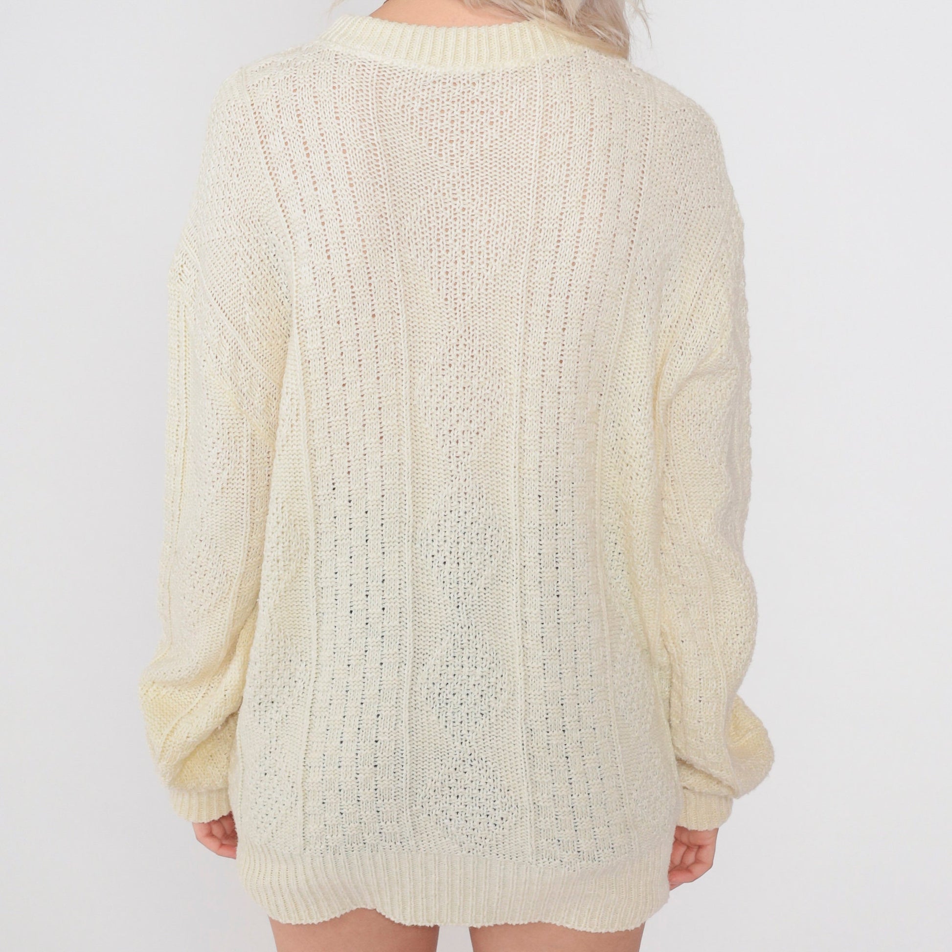 80s Cream Diamond Knit Pullover Sweater Textured Crewneck Large