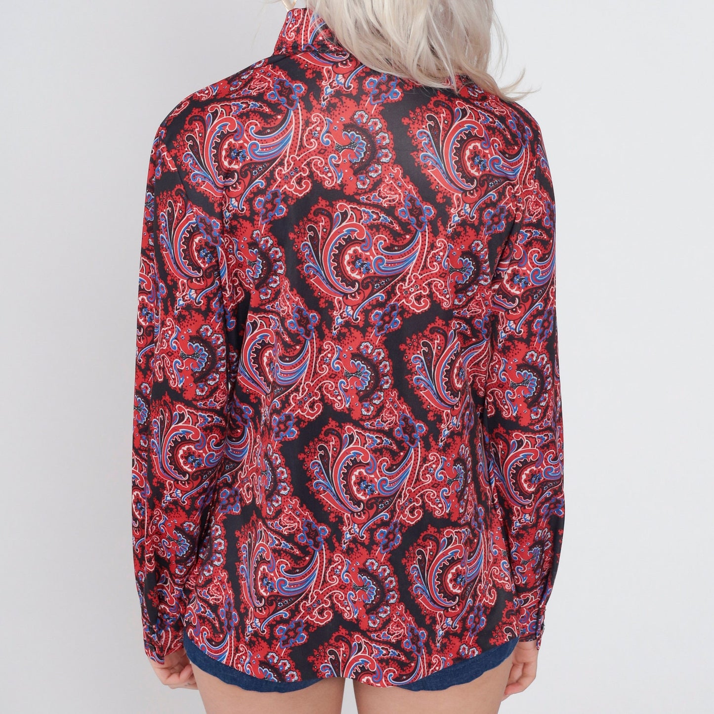 70s Disco Paisley Print Button-Up Blouse Long Sleeve Pointed Collar Black Red Blue Medium