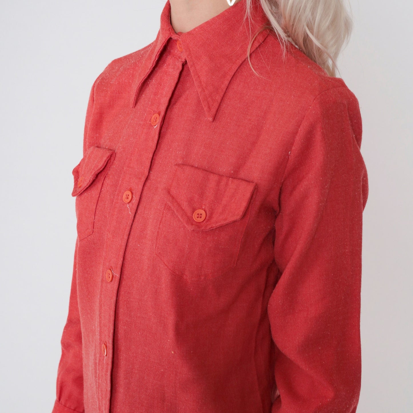 70s Lady Manhattan Red Button-Up Blouse Dagger Collar Long Sleeve Medium