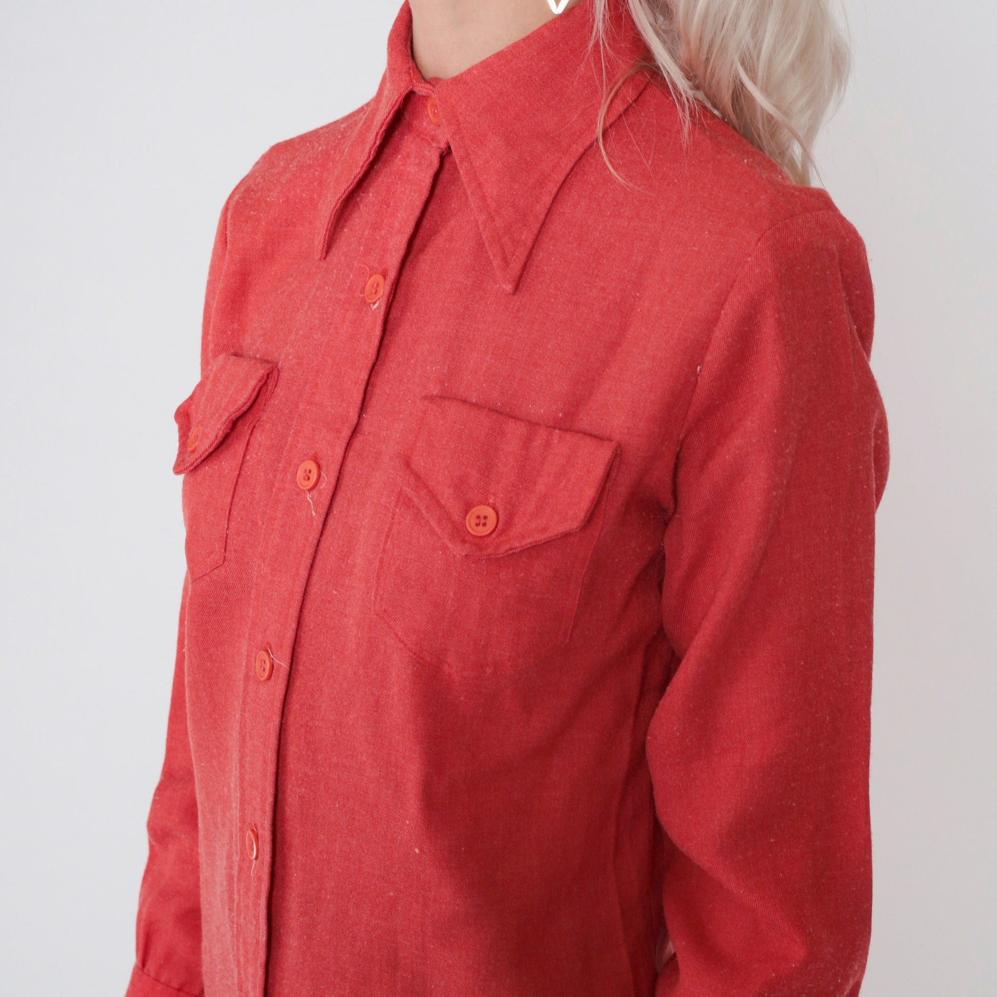 70s Lady Manhattan Red Button-Up Blouse Dagger Collar Long Sleeve Medium