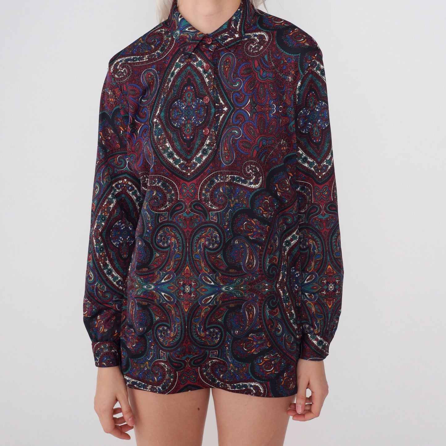 70s Paisley Floral Print Shirt Long Sleeve Button Up Disco Blouse Medium Large