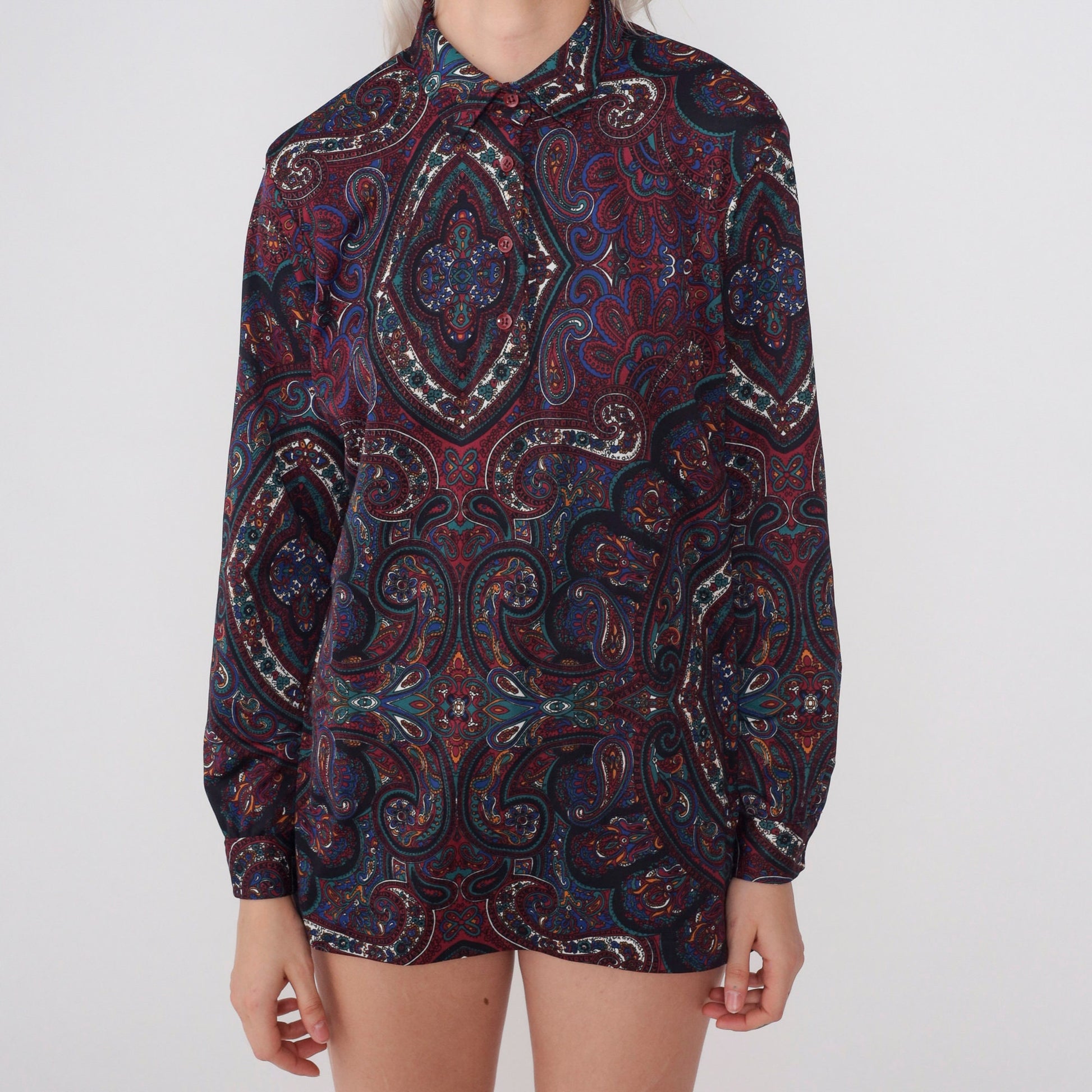 70s Paisley Floral Print Shirt Long Sleeve Button Up Disco Blouse Medium Large