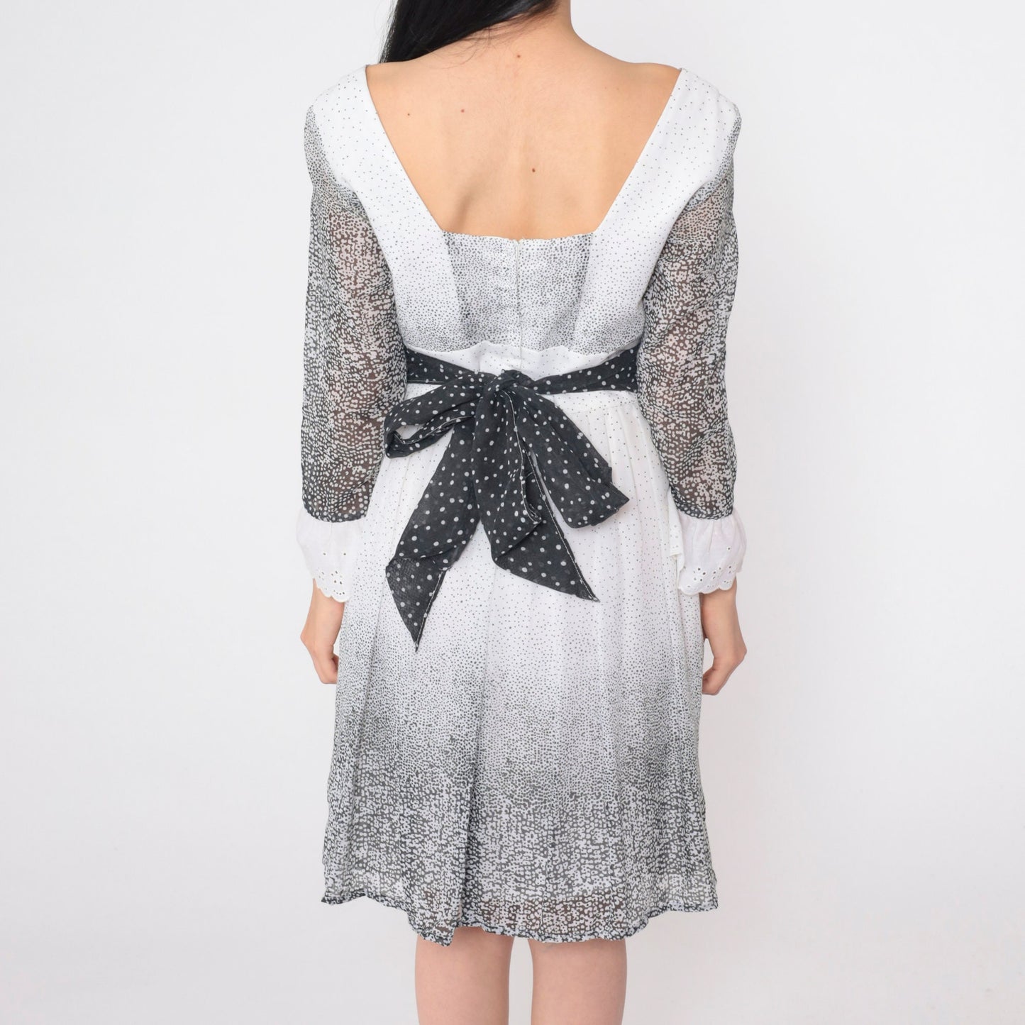 70s Black and White Eyelet Lace Mini Dress Long Sleeve Bow Small Medium