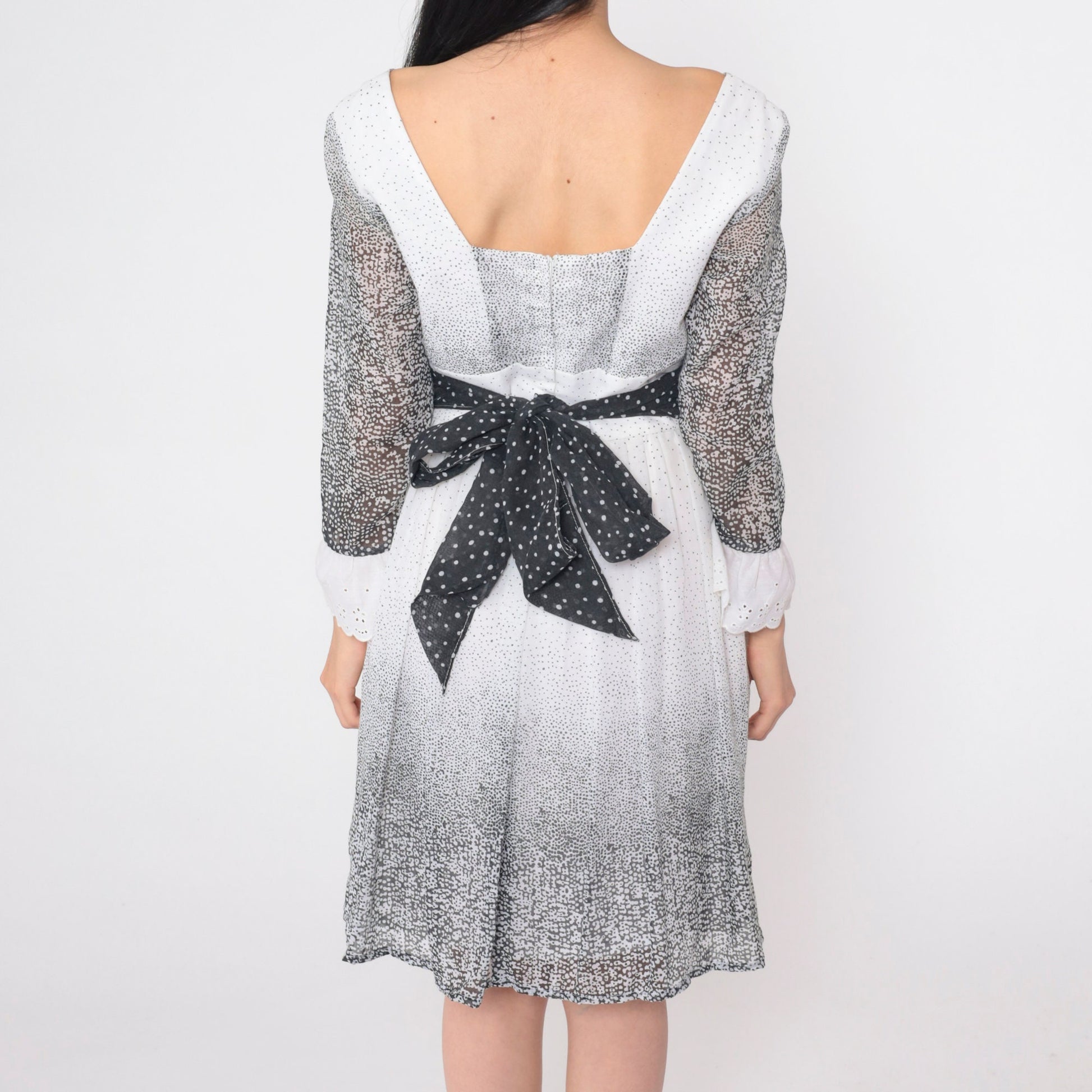 70s Black and White Eyelet Lace Mini Dress Long Sleeve Bow Small Medium