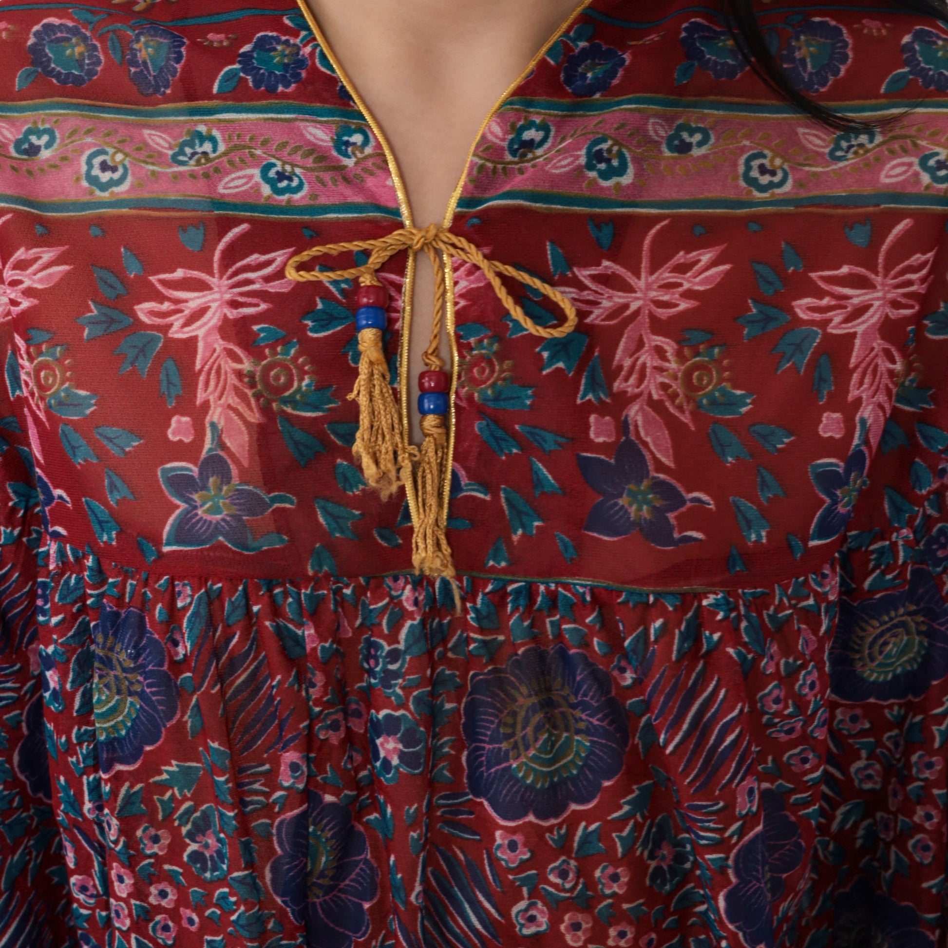 70s Tabby California Midi Dress Indian Floral Print Long Sleeve Red Blue XL