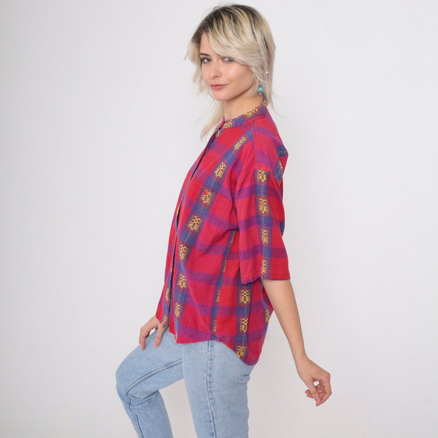 90s Backroad Blues Checkered Shirt Red Purple Geometric Embroidery Mandarin Collar Small