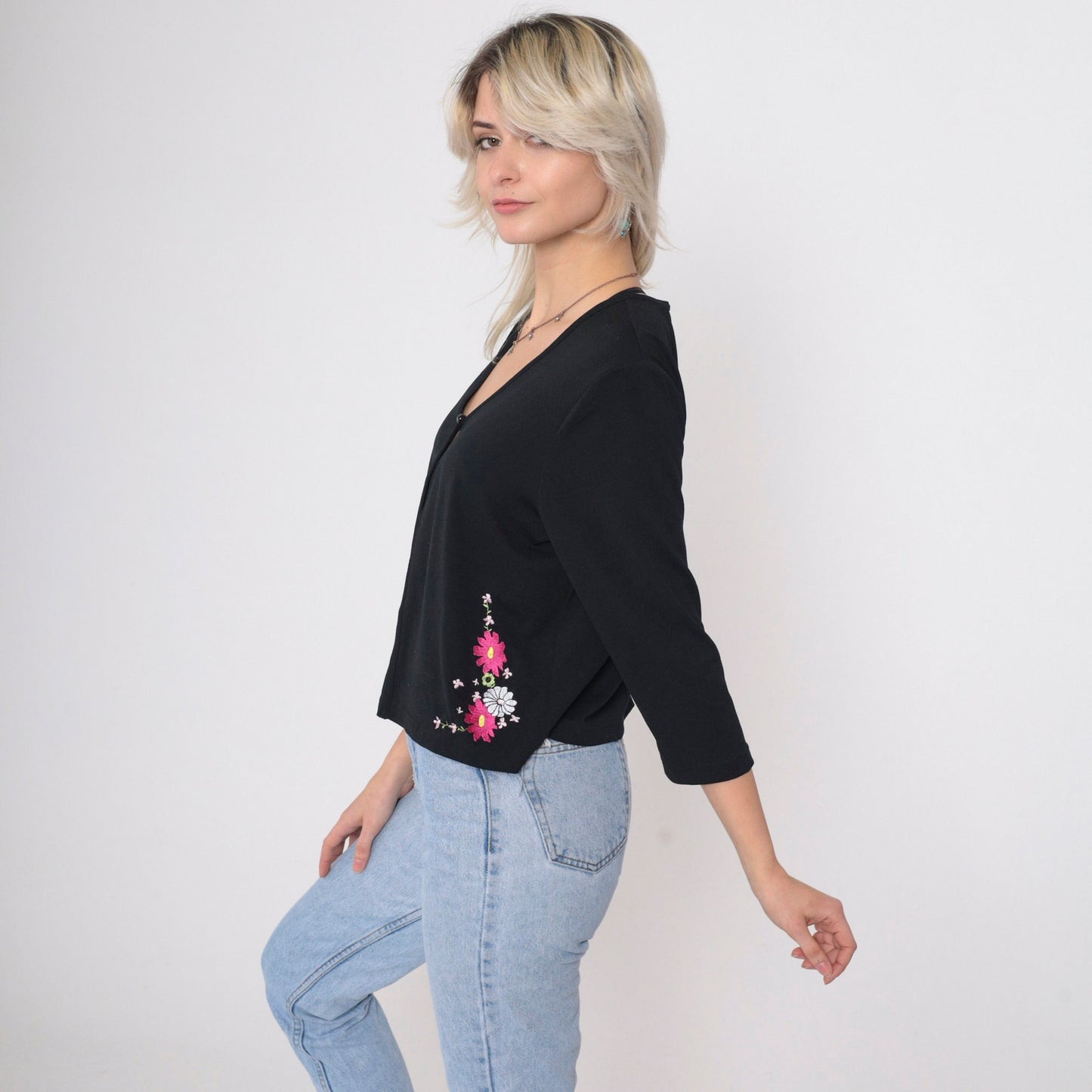 90s Sheri Martin Floral Embroidered Cardigan Black Pink Button Chest Small