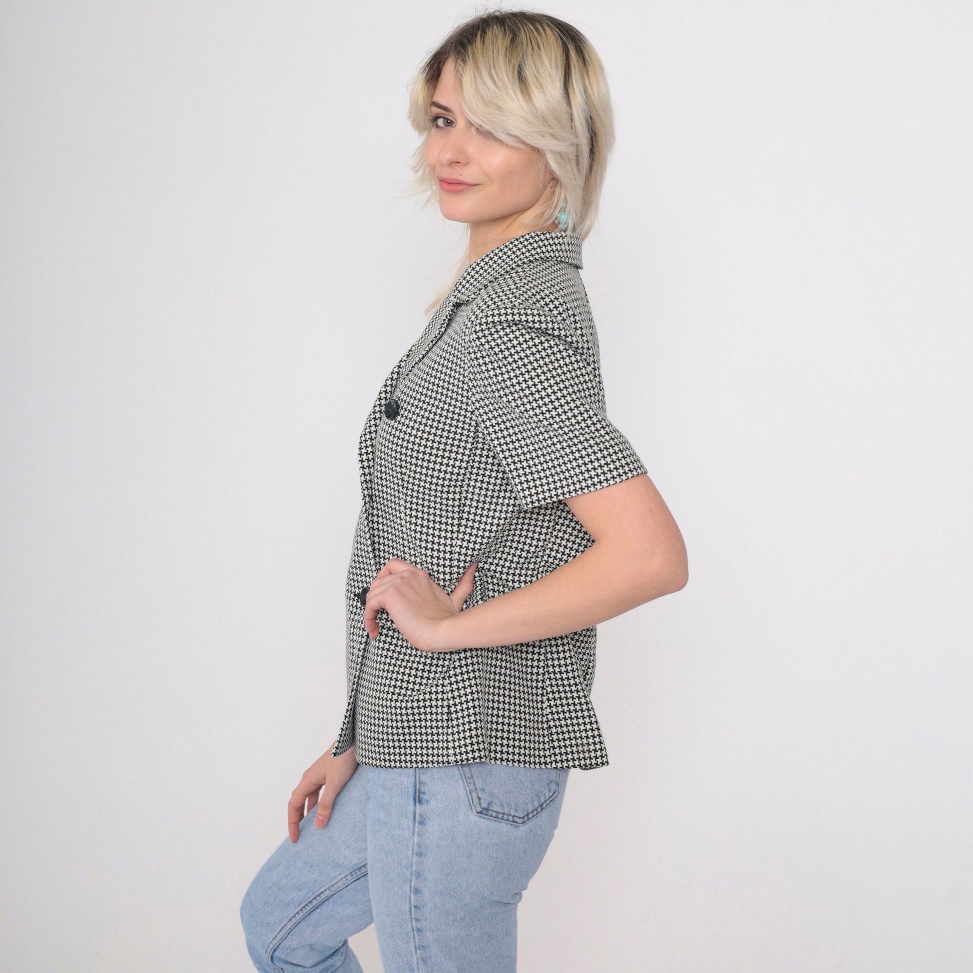 90s Houndstooth Double Breasted Blouse Black White Checkered Button Up Small