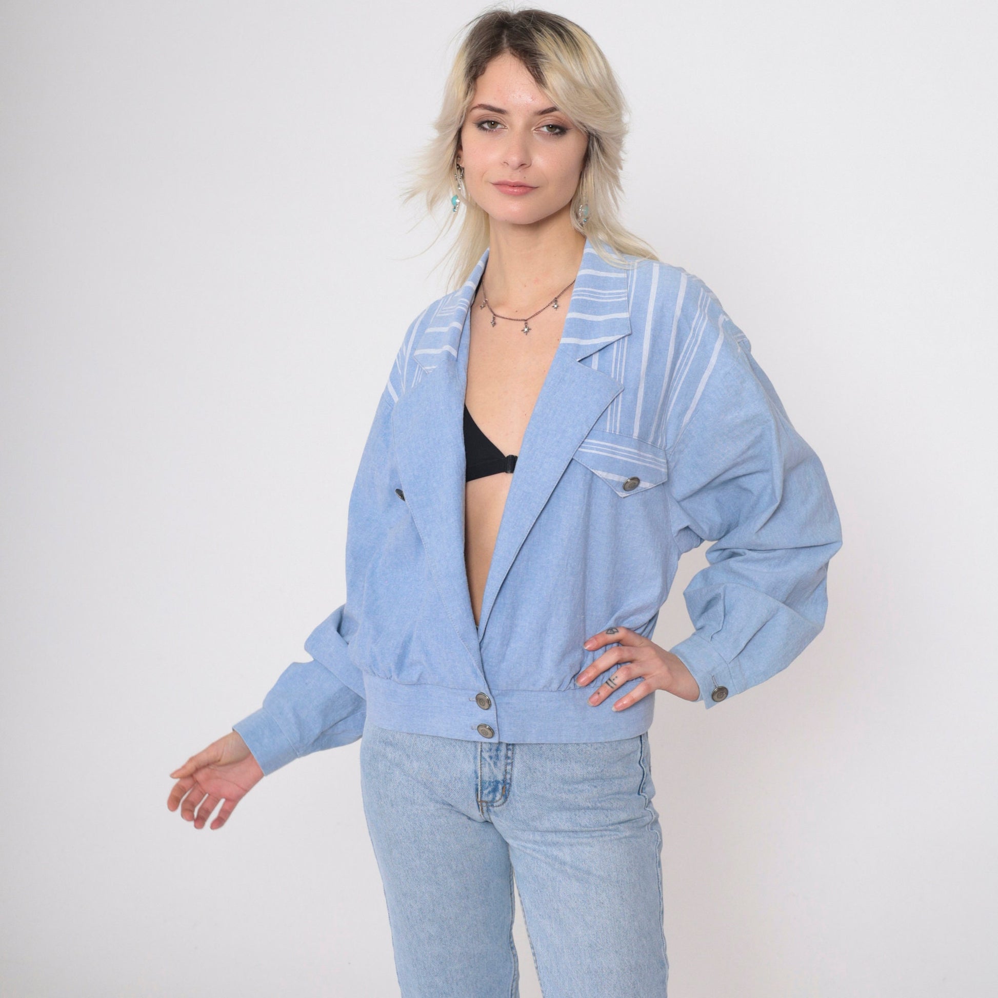 90s Ali Miles Chambray Blazer Blue Striped Deep V Neck Button Jacket Large