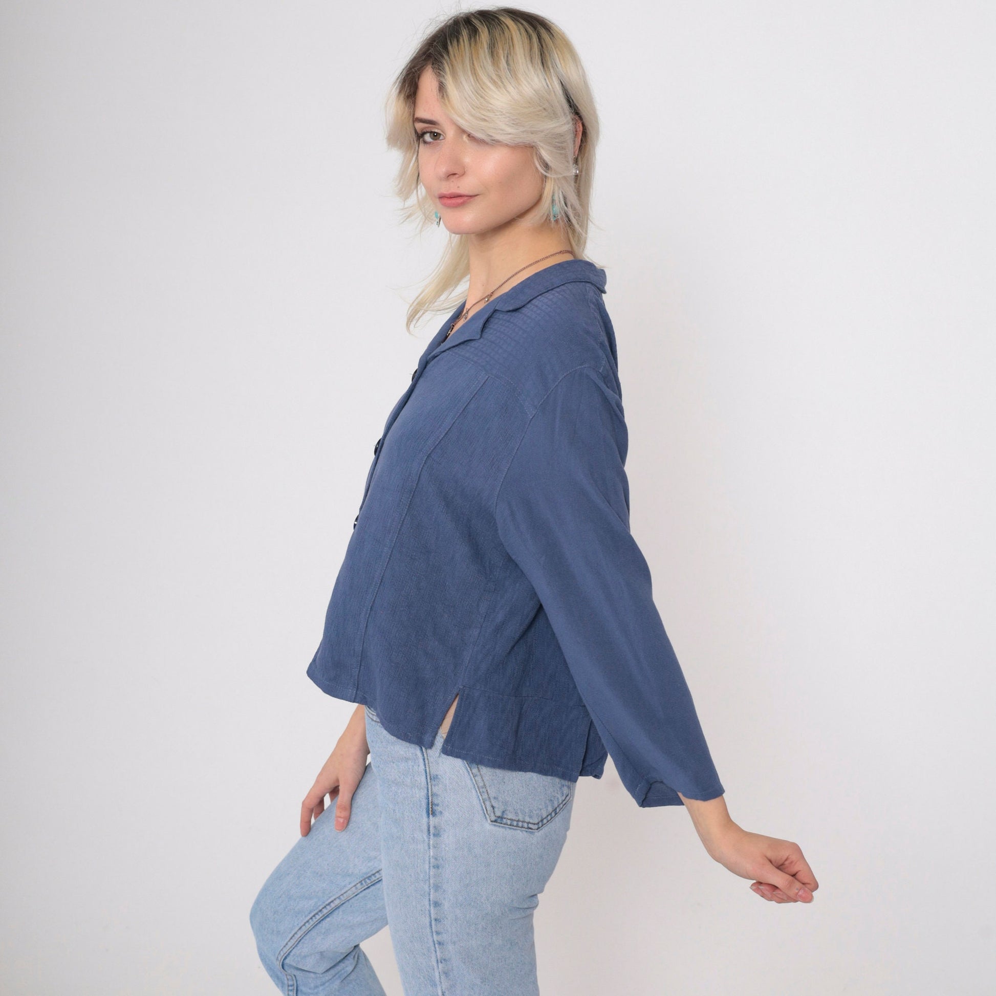 90s Blue Button Up Blouse Asian Chop Stamp Print Textured Yoke Small