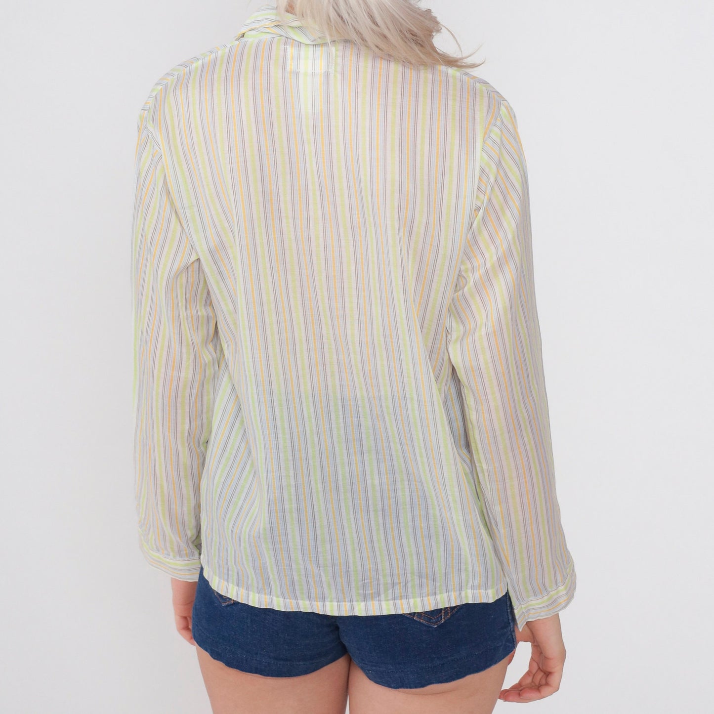 70s Striped Button-Up Shirt Lime Green Yellow Blue Collar Long Sleeve Small