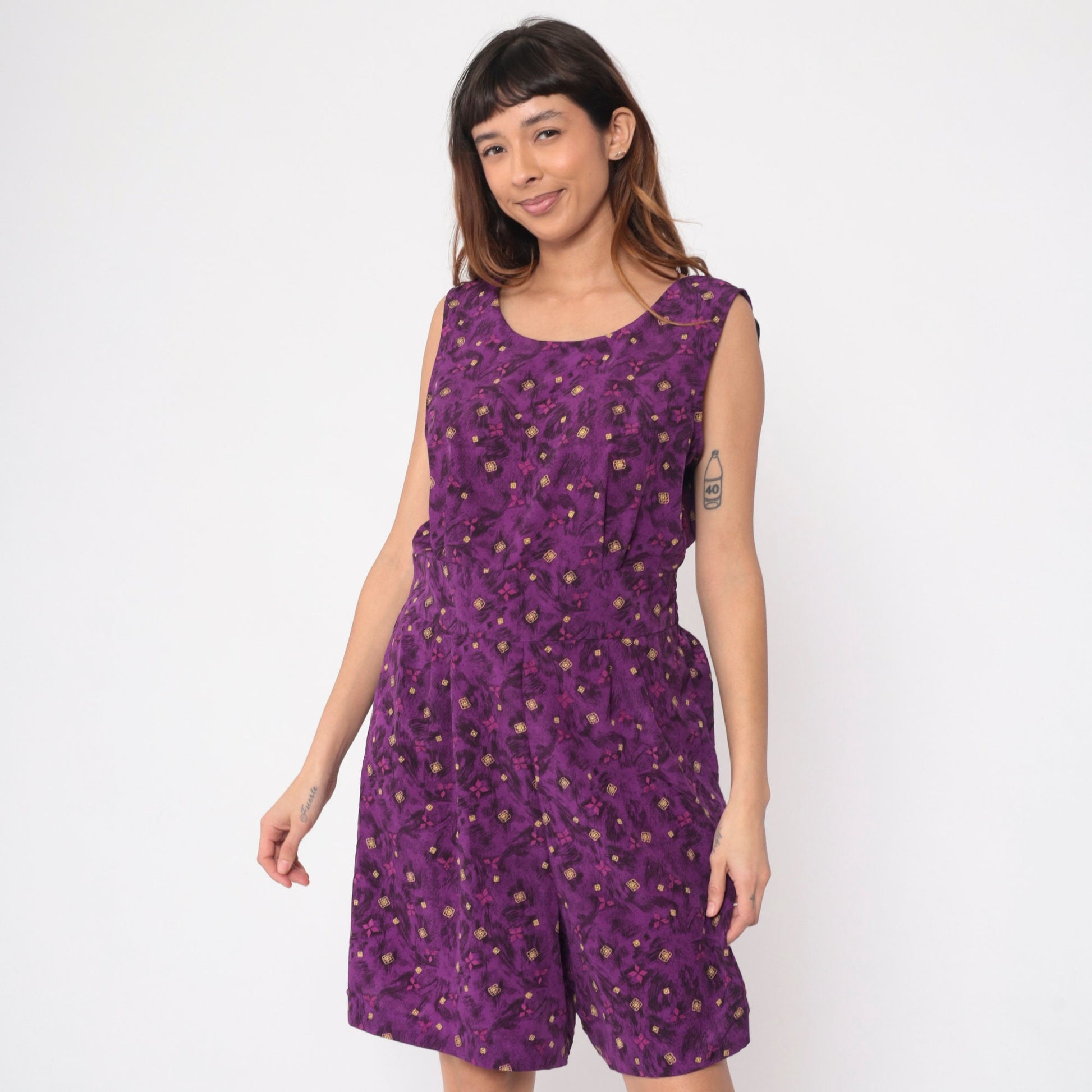 90s Kathie Lee Purple Geometric Leaf Print Romper Keyhole Back Medium Large