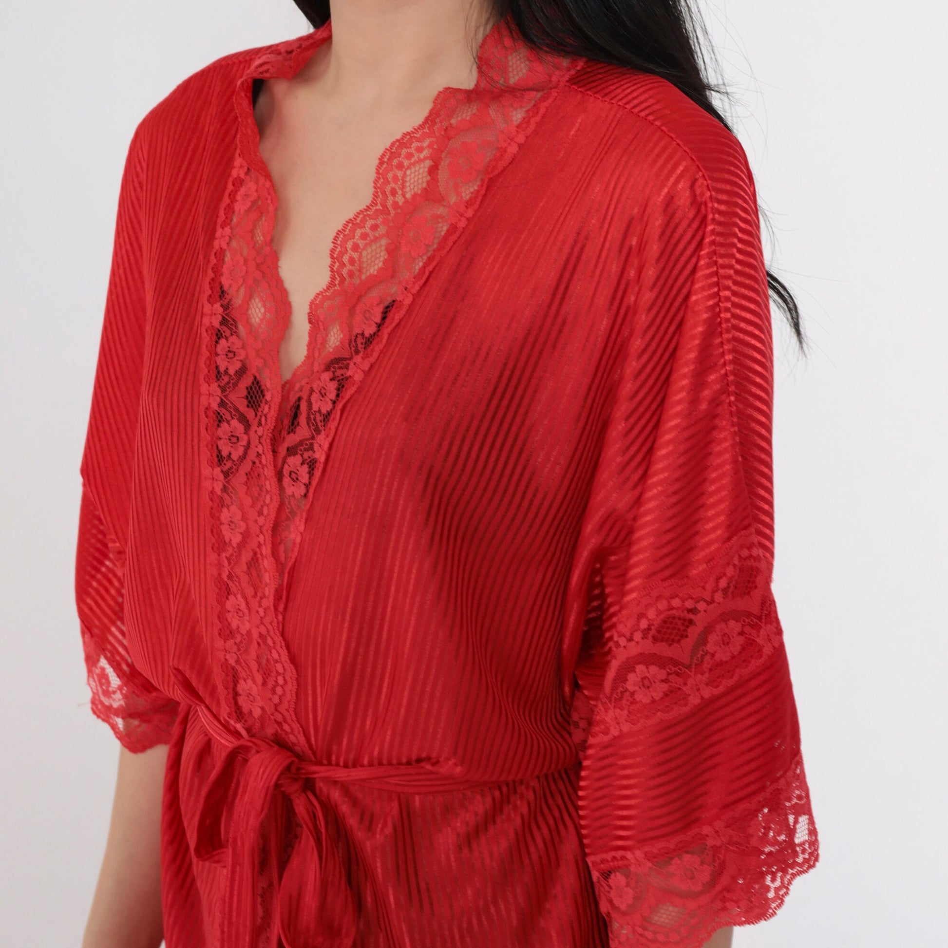 90s Fredericks of Hollywood Red Lace Striped Tie-Front Robe Mini Medium M