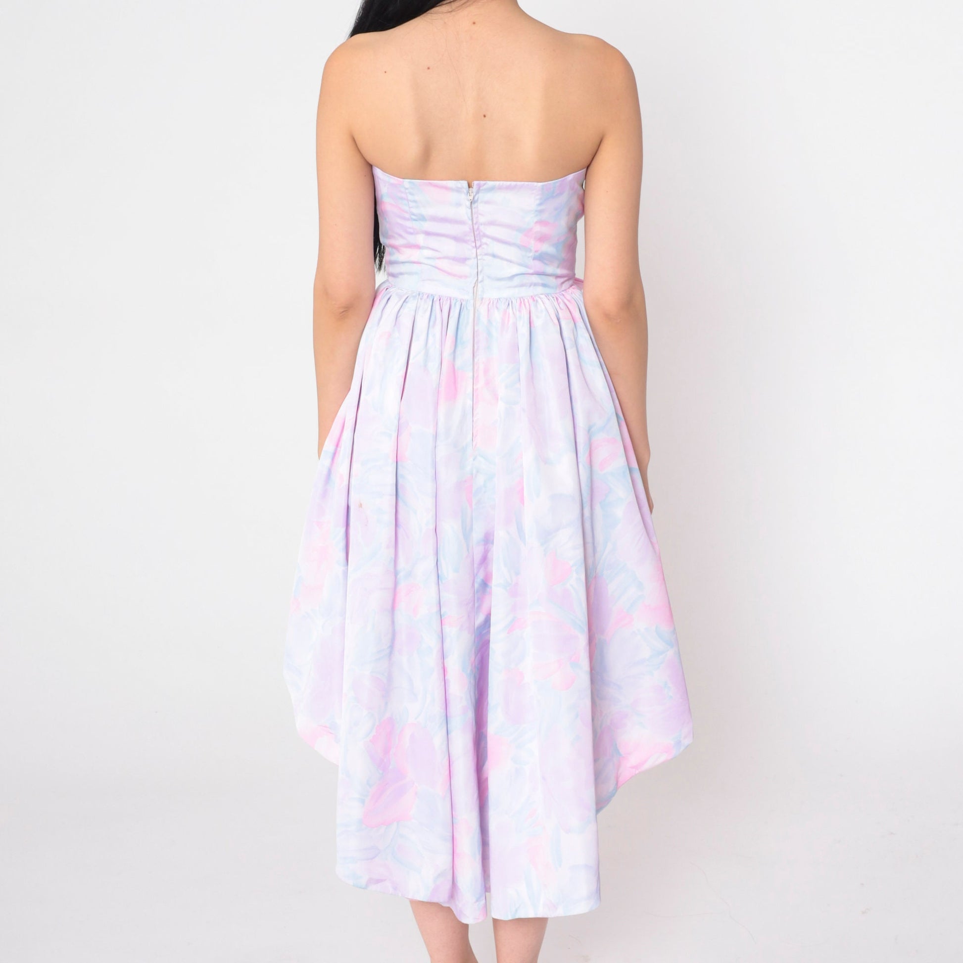 80s Strapless Waterfall Hem Dress Pastel Pink Purple Floral Bow Extra Small