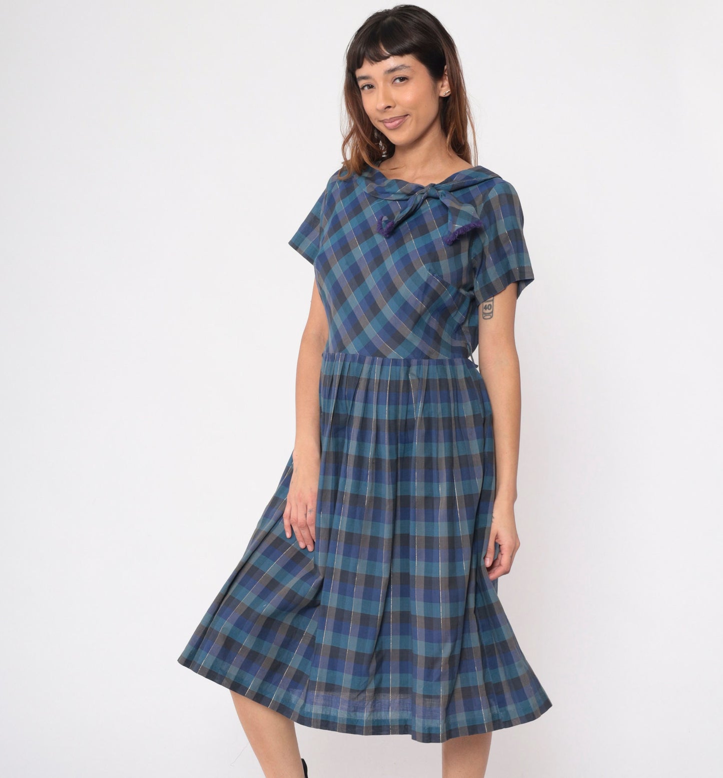 1950s Blue Checkered Metallic Bow Collar Day Dress Midi Short Sleeve Medium