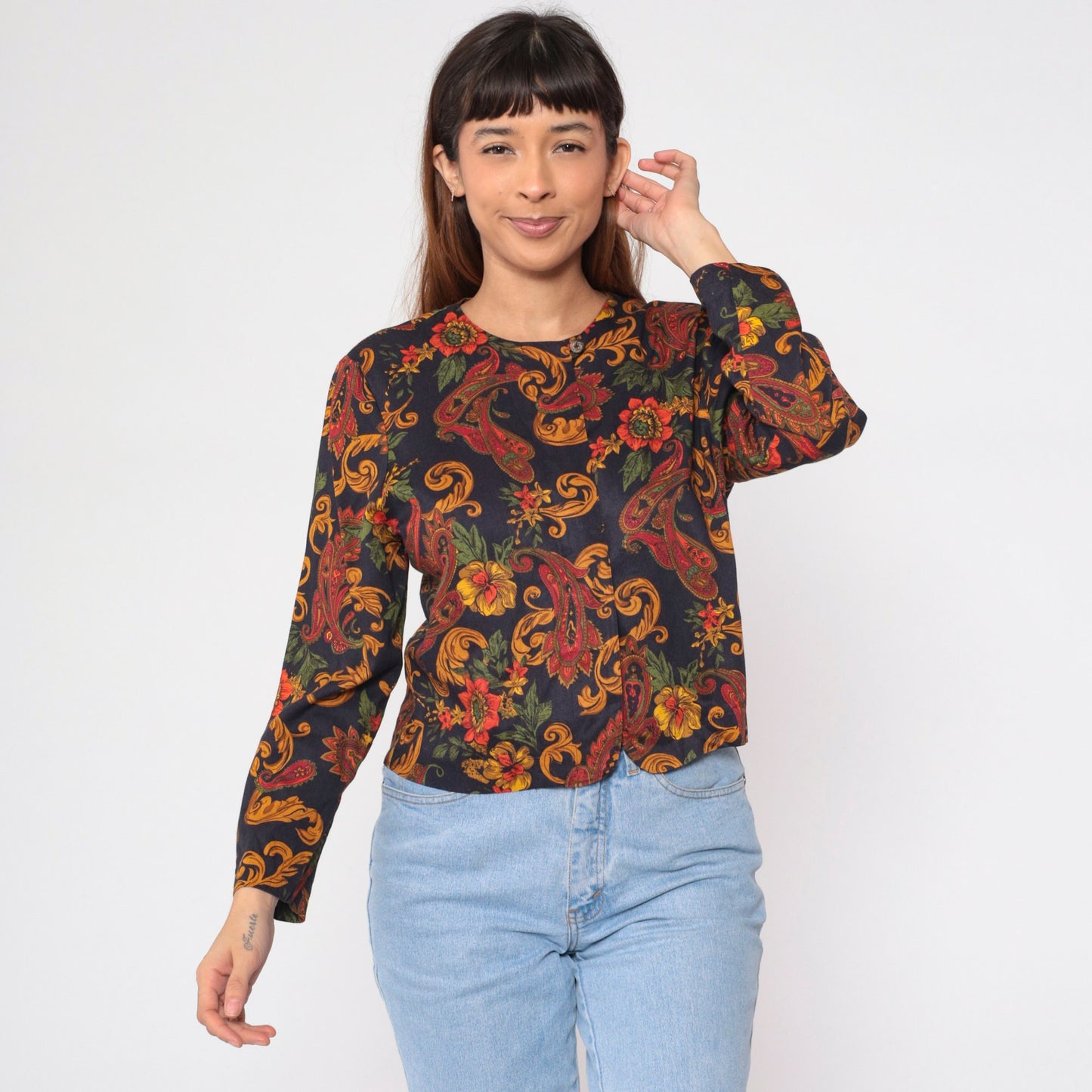90s Norton McNaughton Paisley Floral Button-Up Blouse Black Gold Long Sleeve Medium
