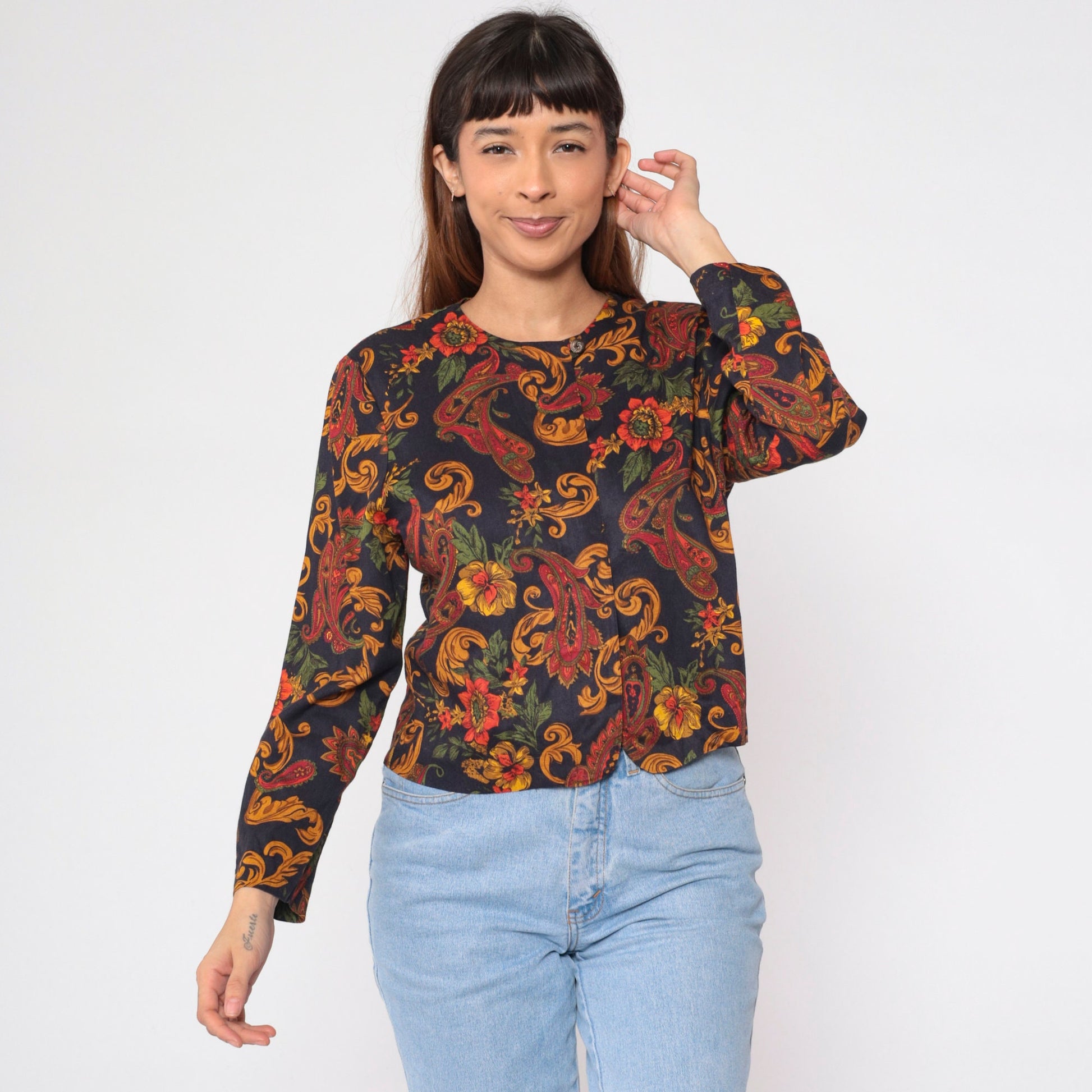90s Norton McNaughton Paisley Floral Button-Up Blouse Black Gold Long Sleeve Medium