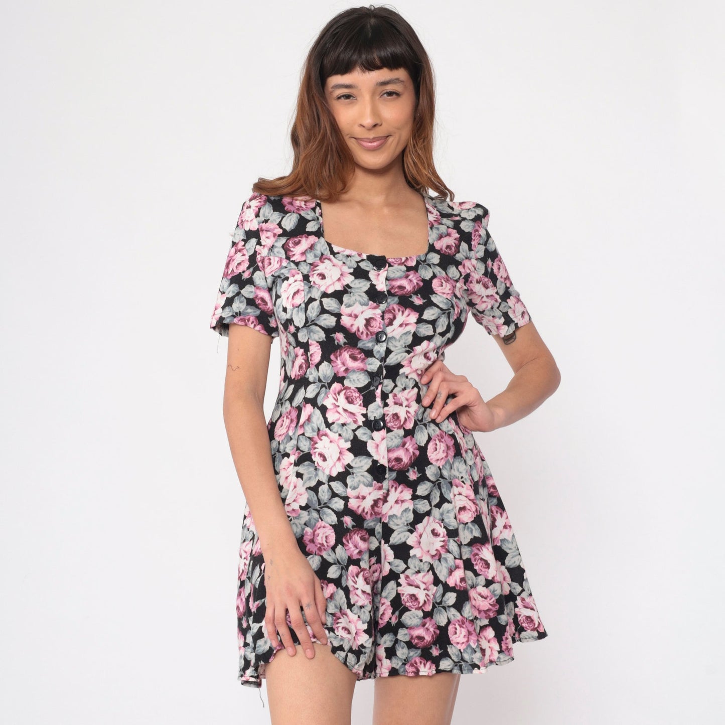 90s Rampage Floral Romper Pink Rose Print Black Button-Up Wide Leg Small S