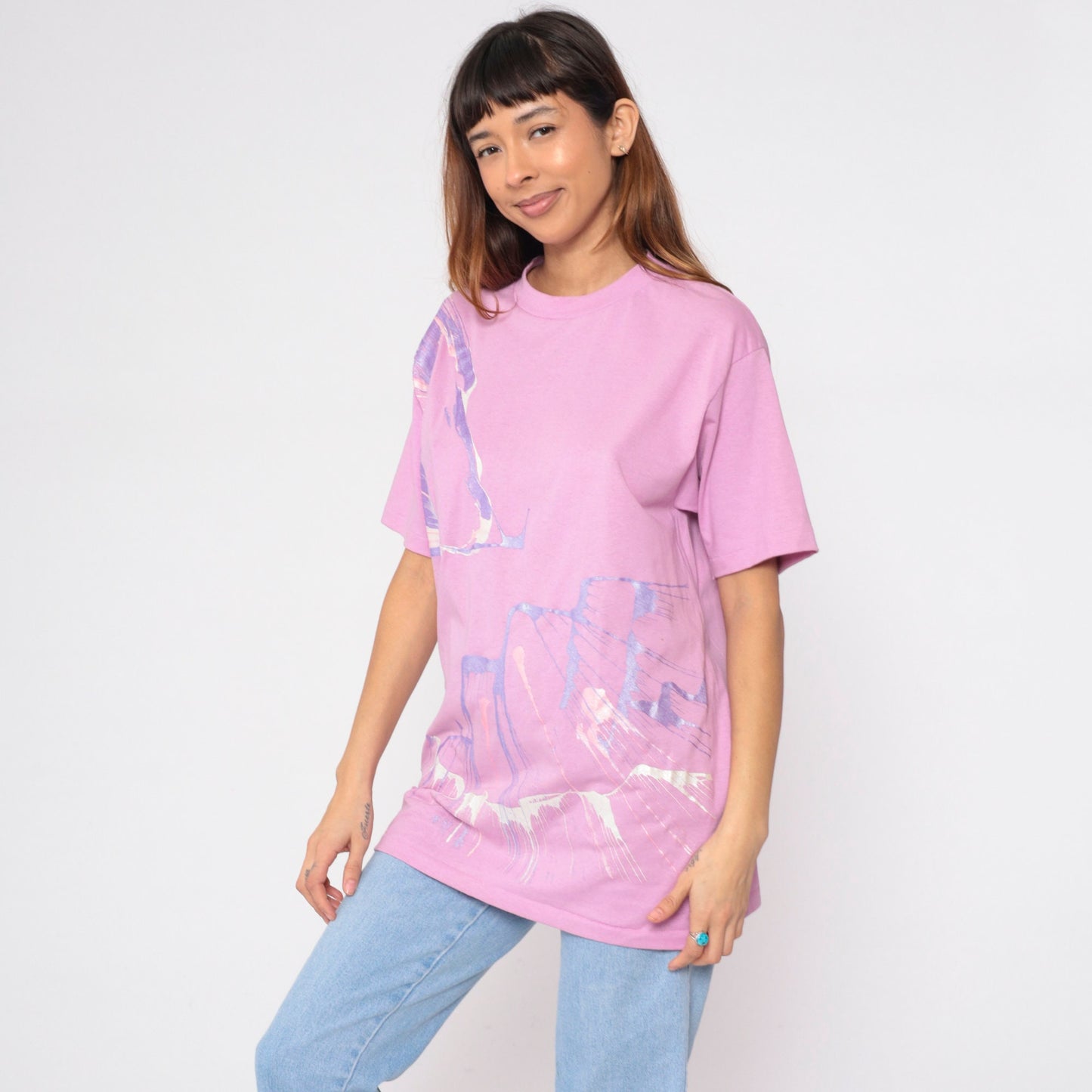 90s Pink Metallic Paint Splatter Graphic T-Shirt Single Stitch Large L