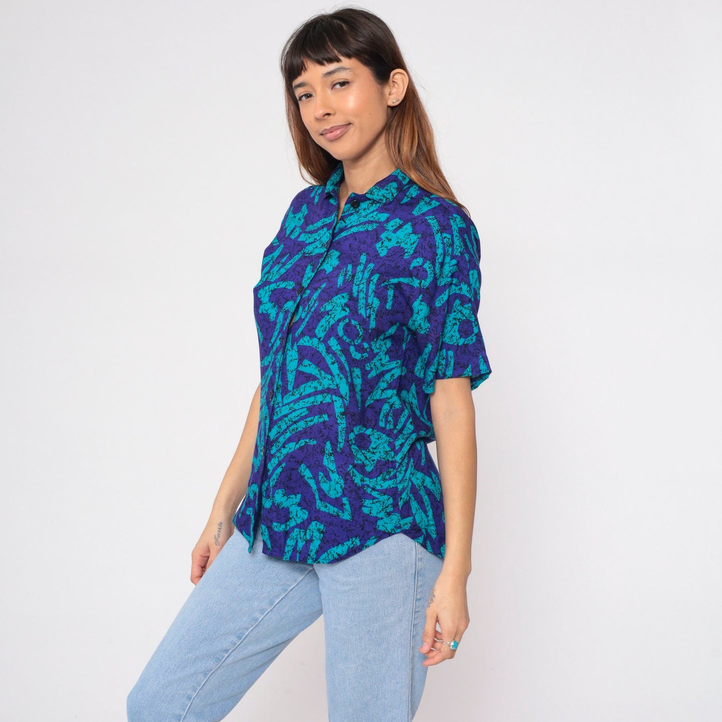90s Abstract Marbled Button-Up Blouse Purple Blue Black Short Sleeve Medium