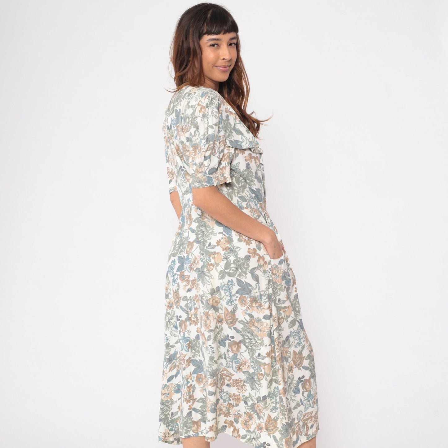 80s Floral Wrap Midi Dress White Puff Sleeve High Waist Pockets Medium