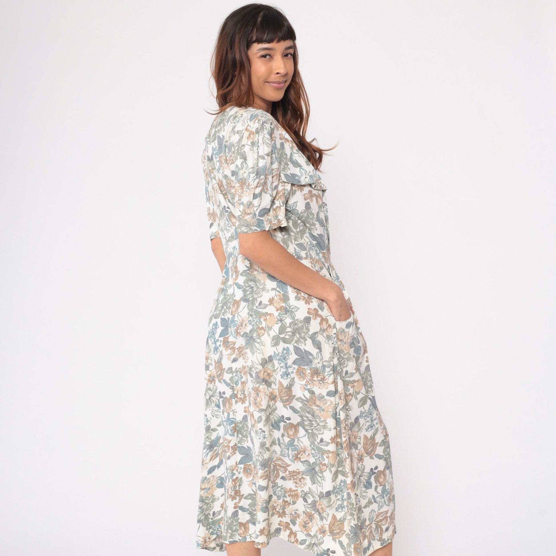 80s Floral Wrap Midi Dress White Puff Sleeve High Waist Pockets Medium