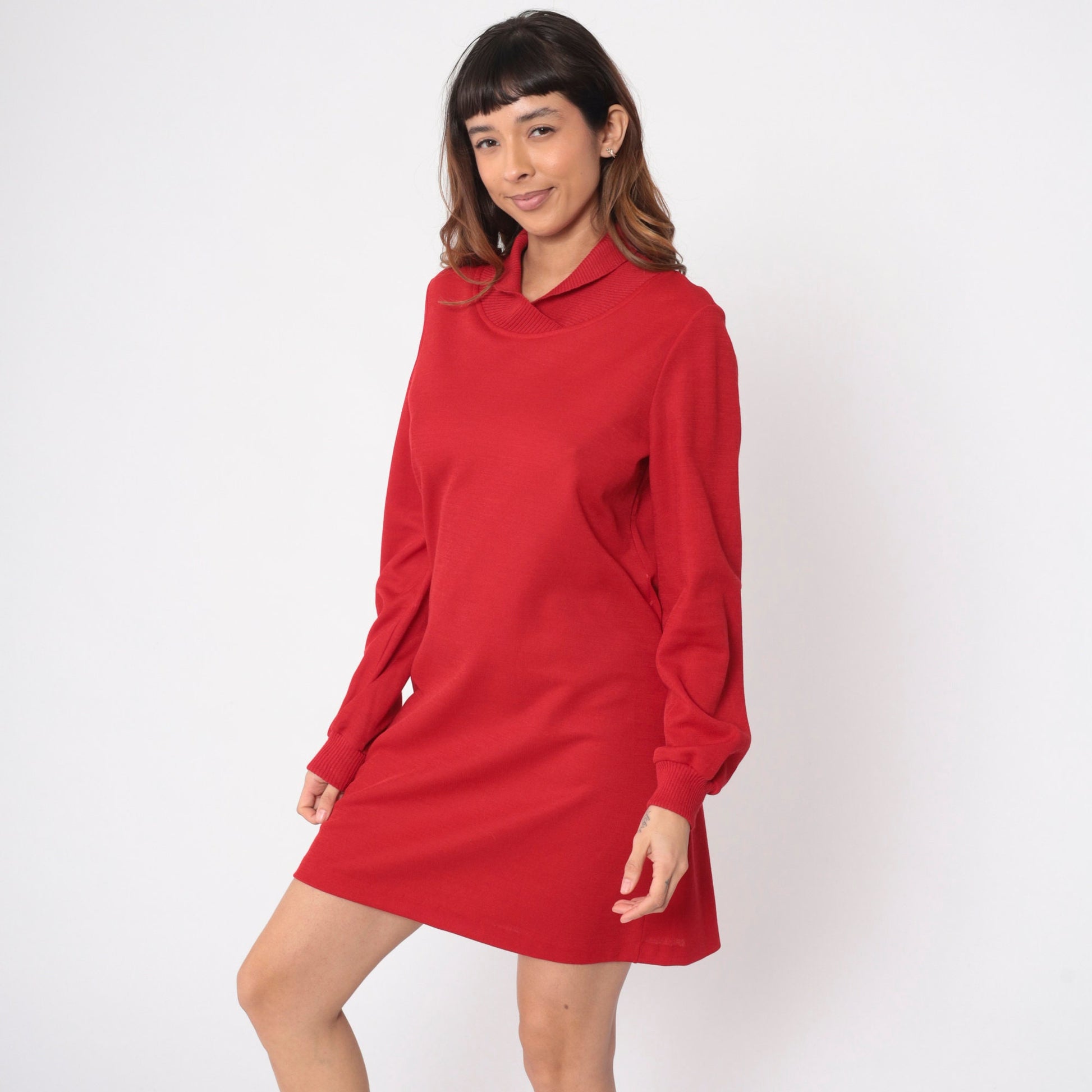 80s Red Mini Shift Dress Shawl Collar Ribbed Knit Small