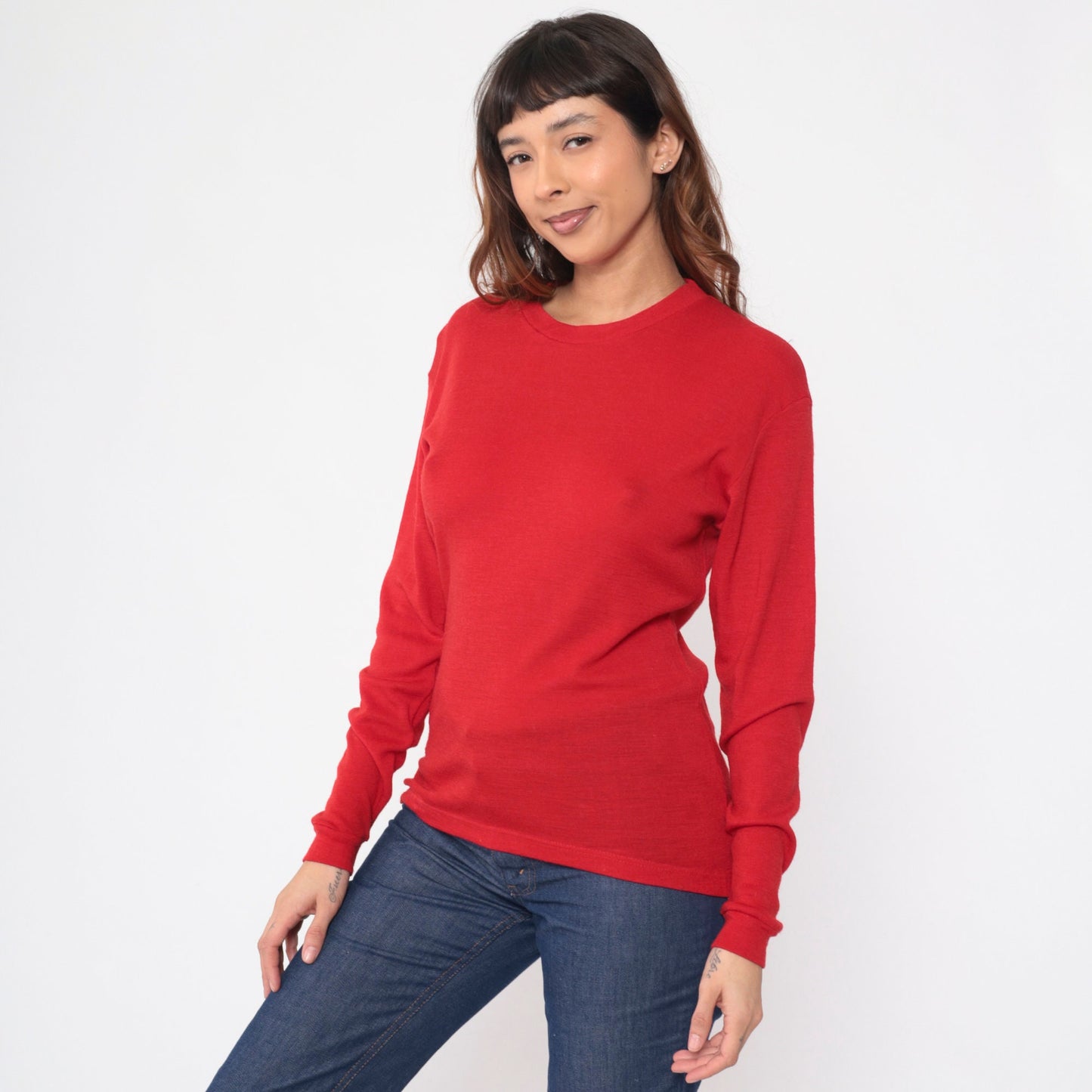 80s Stil Stoknes Thermal Undershirt Red Wool Nylon Long Sleeve Medium