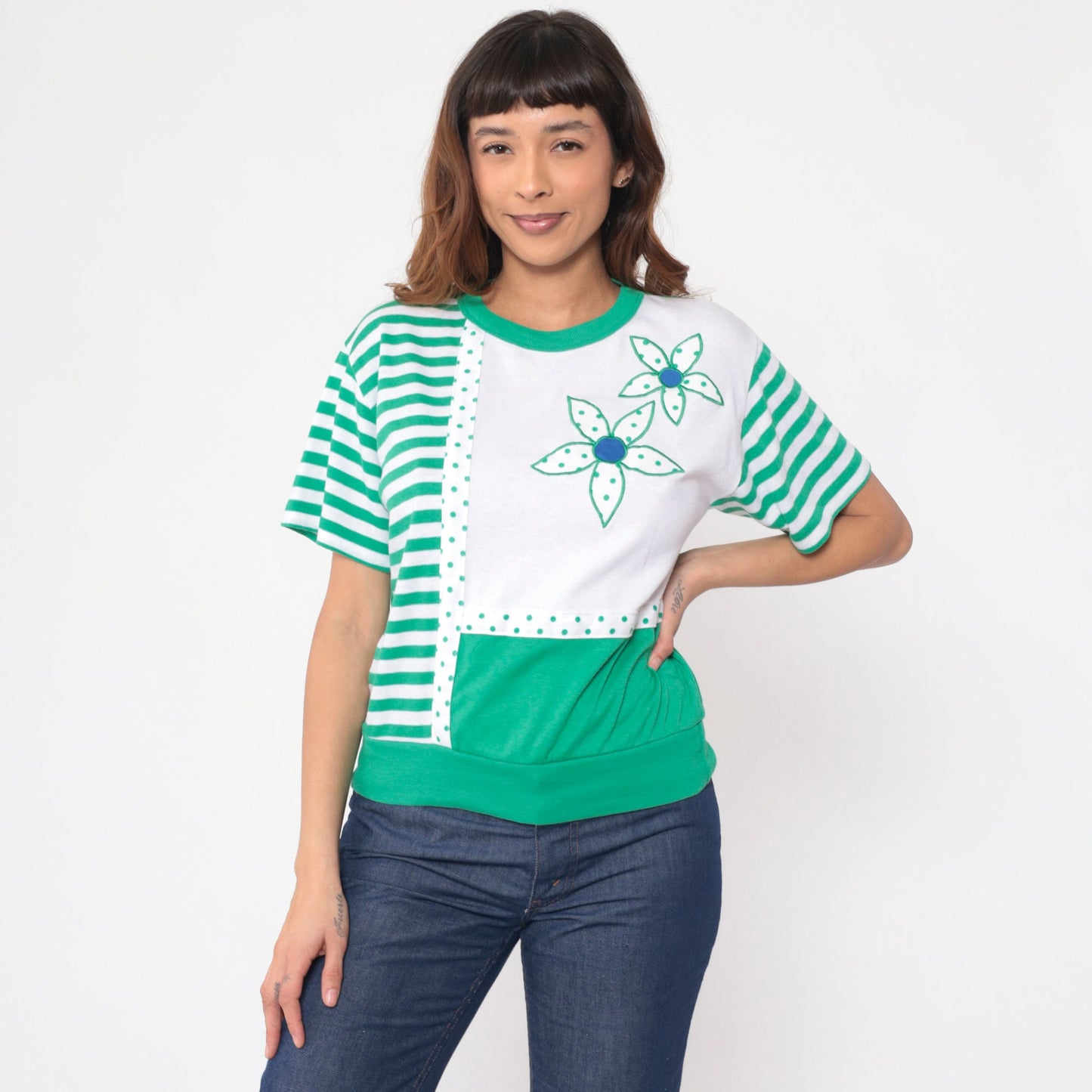90s Floral Striped Polka Dot Blouse Green White Colour Block Small