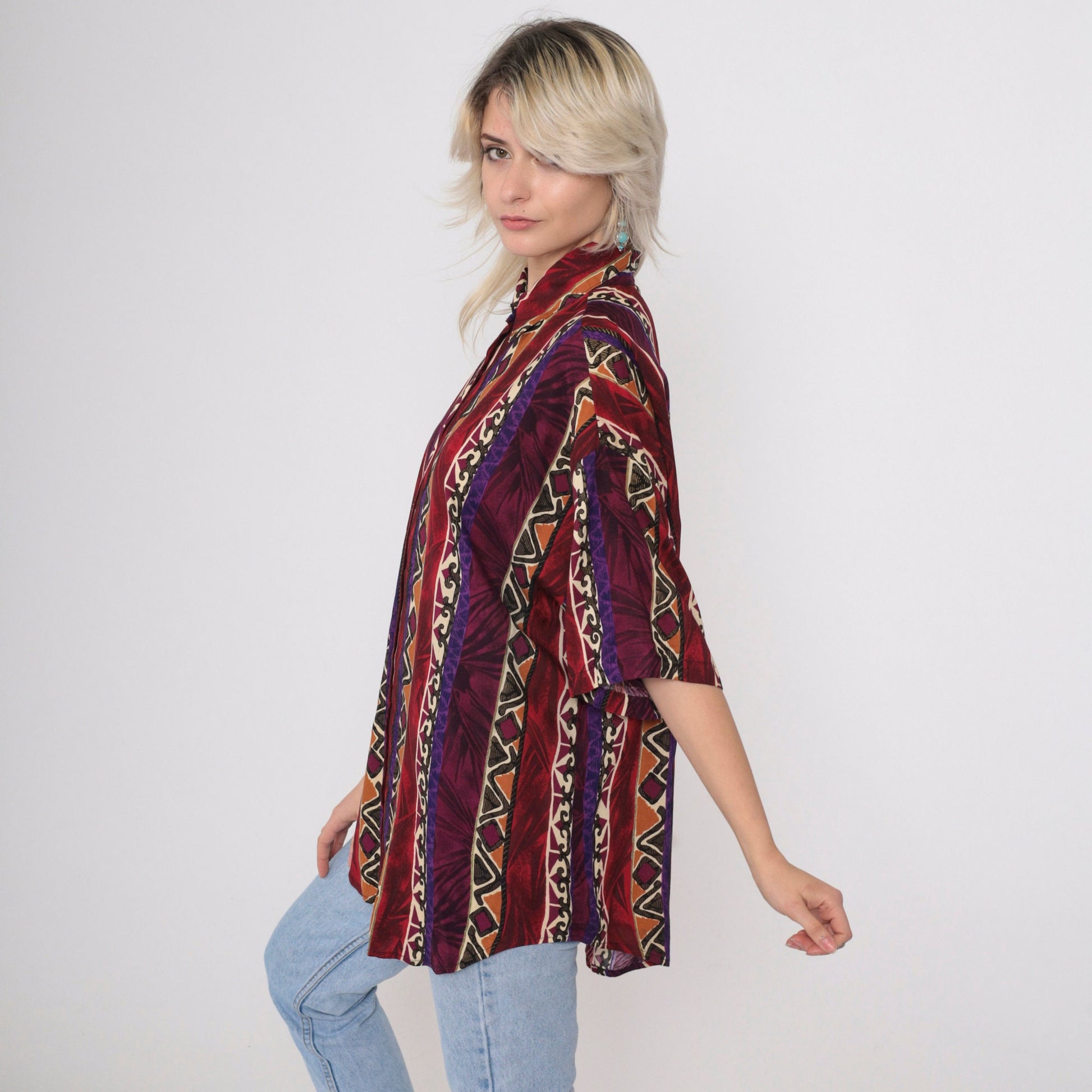 90s Geometric Zig Zag Button Up Shirt Rayon Red Purple Diamond Large L