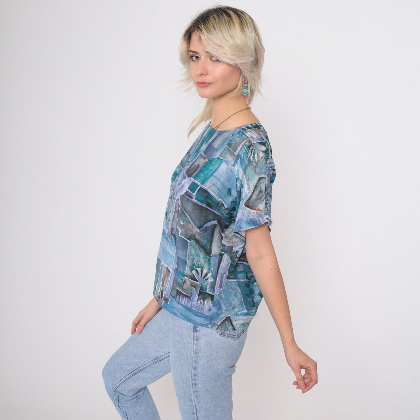 90s Susan Burrowes Watercolor Geometric Blouse Blue Short Sleeve Petite 6