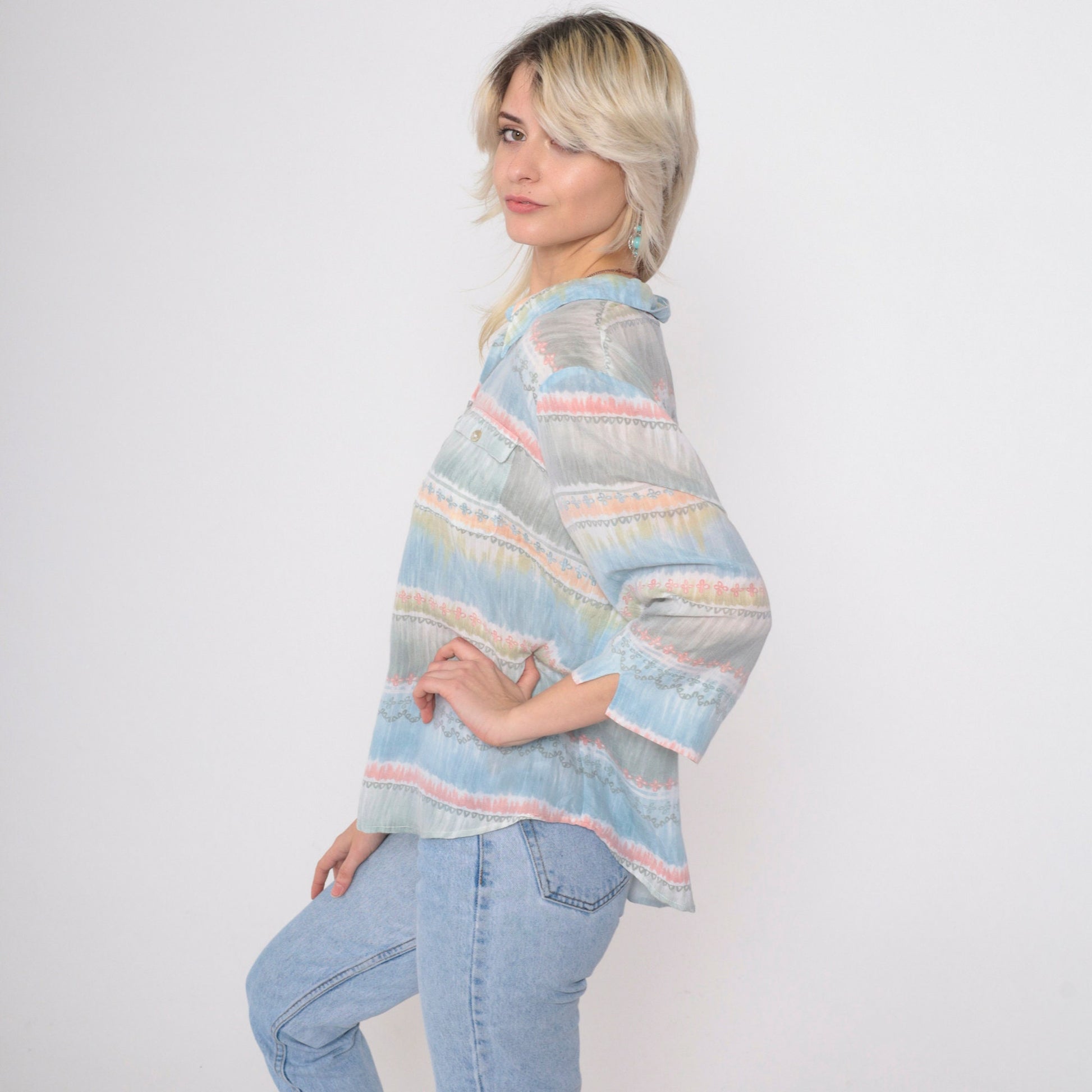 90s Alfred Dunner Striped Button-Up Blouse Muted Pastel 3/4 Sleeve Petite Large