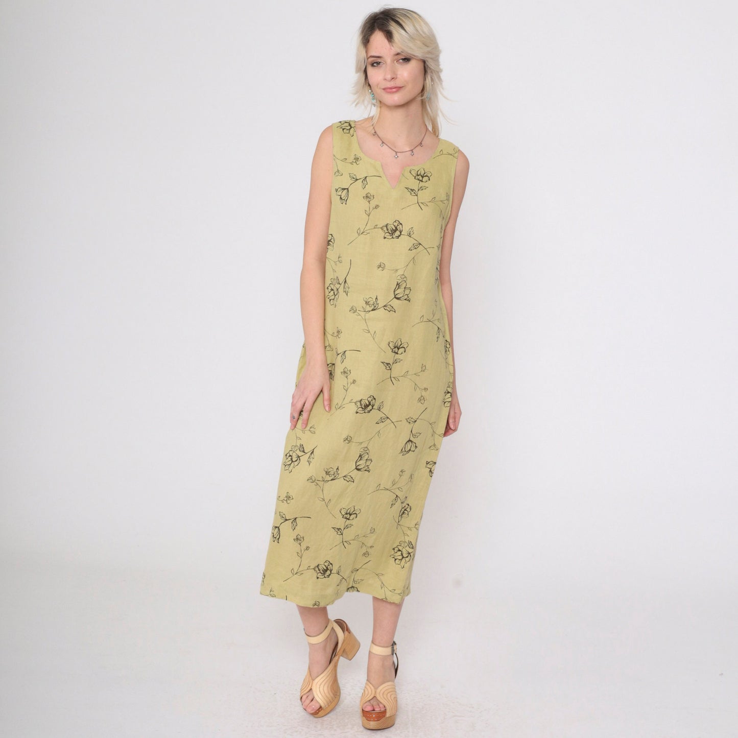90s Style & Co. Floral Linen Midi Dress Chartreuse Sleeveless Slit Neckline Medium 10
