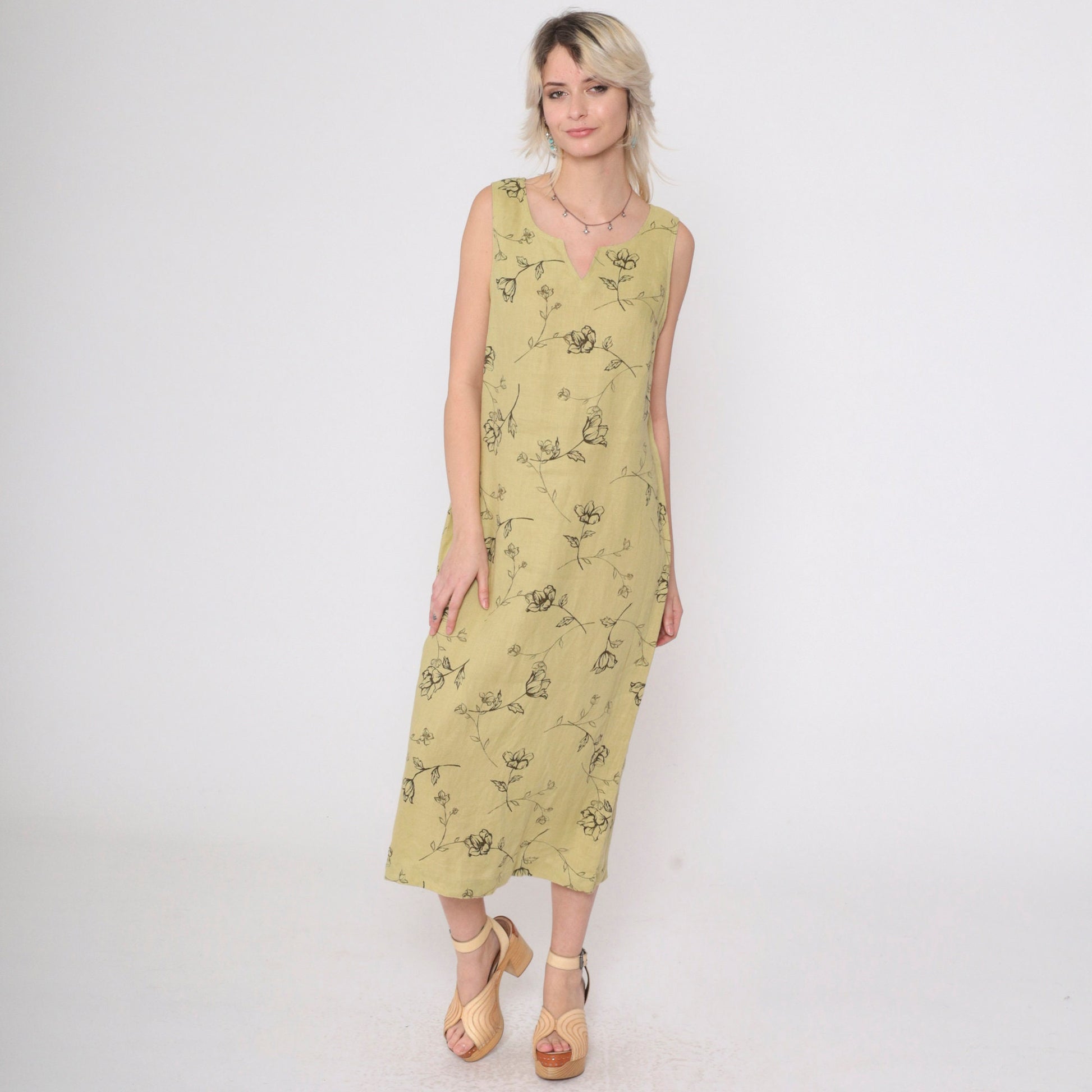 90s Style & Co. Floral Linen Midi Dress Chartreuse Sleeveless Slit Neckline Medium 10