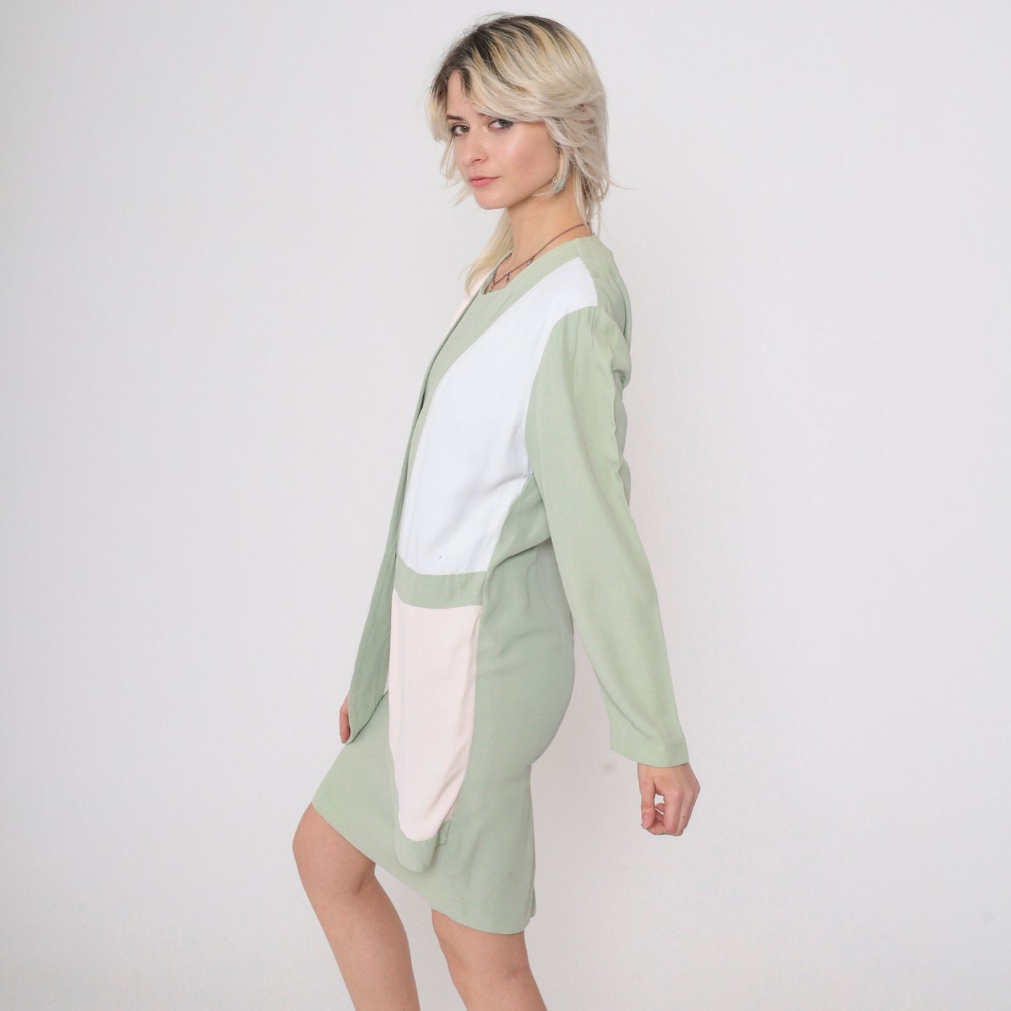 90s Sage Green Cream Colorblock Shift Dress Long Sleeve Midi Small 6