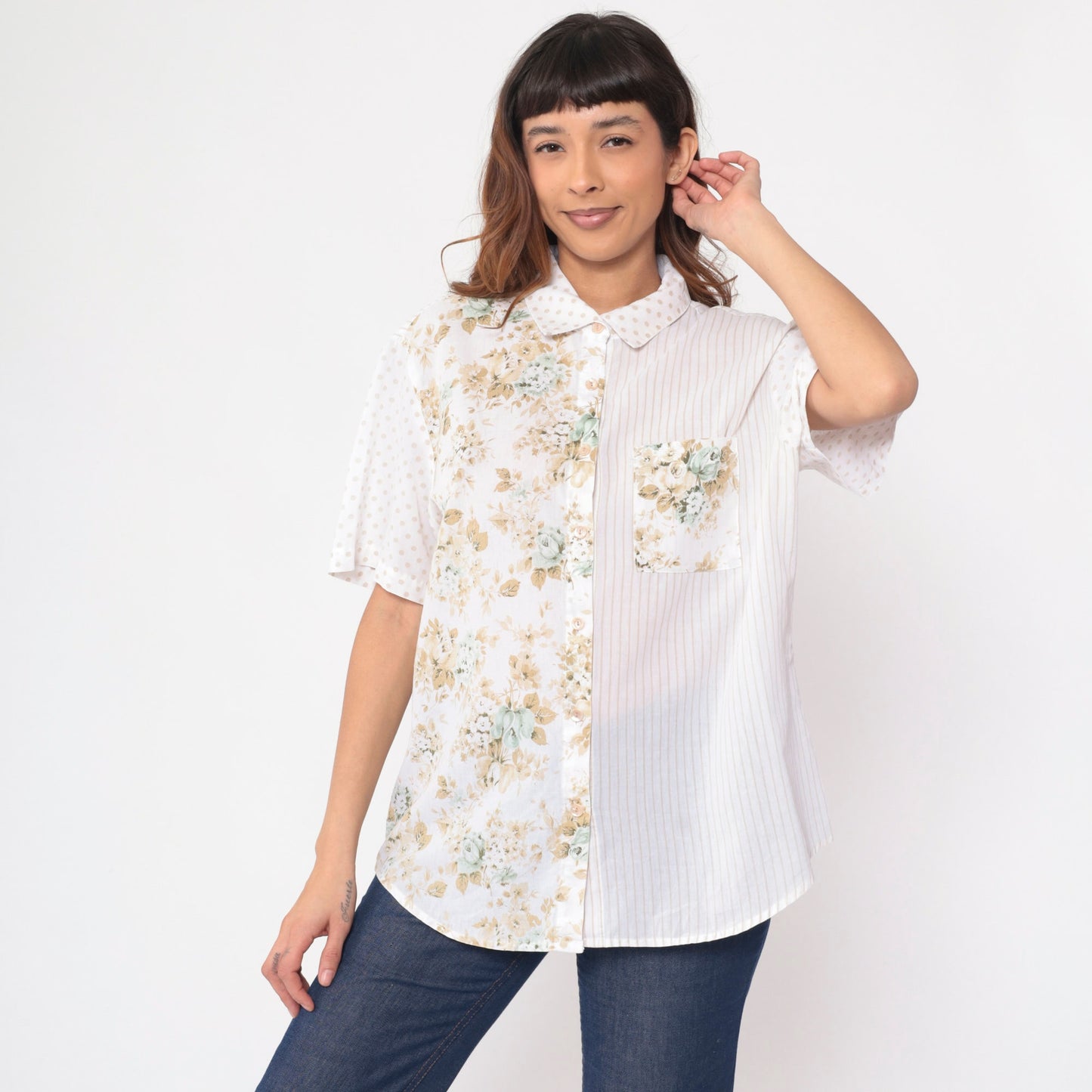 90s Kap & Co. Patchwork Floral Striped Button-Up Blouse White Extra Large XXL