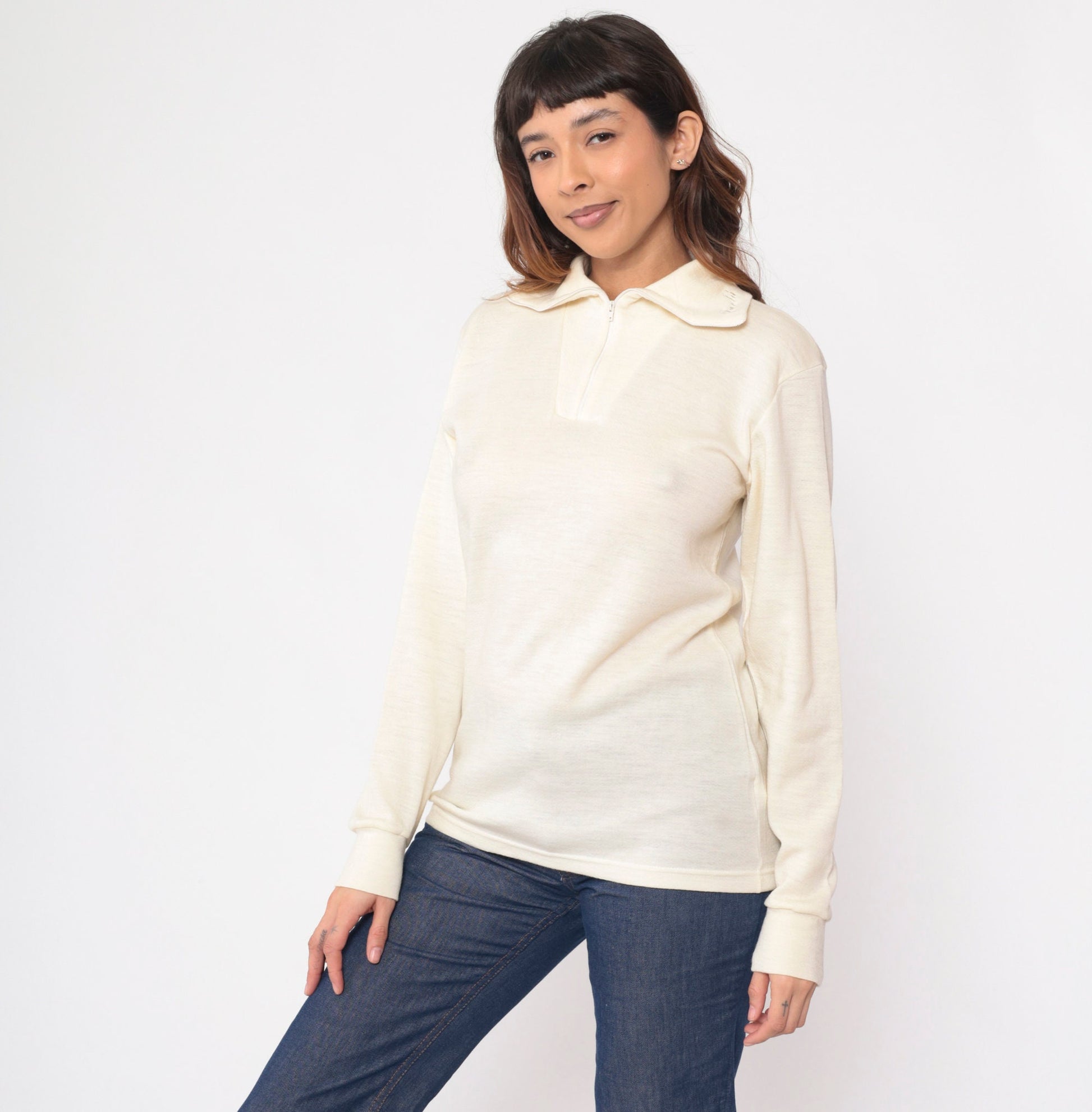 80s Devold Cream Wool Quarter Zip Pullover Long Sleeve Small
