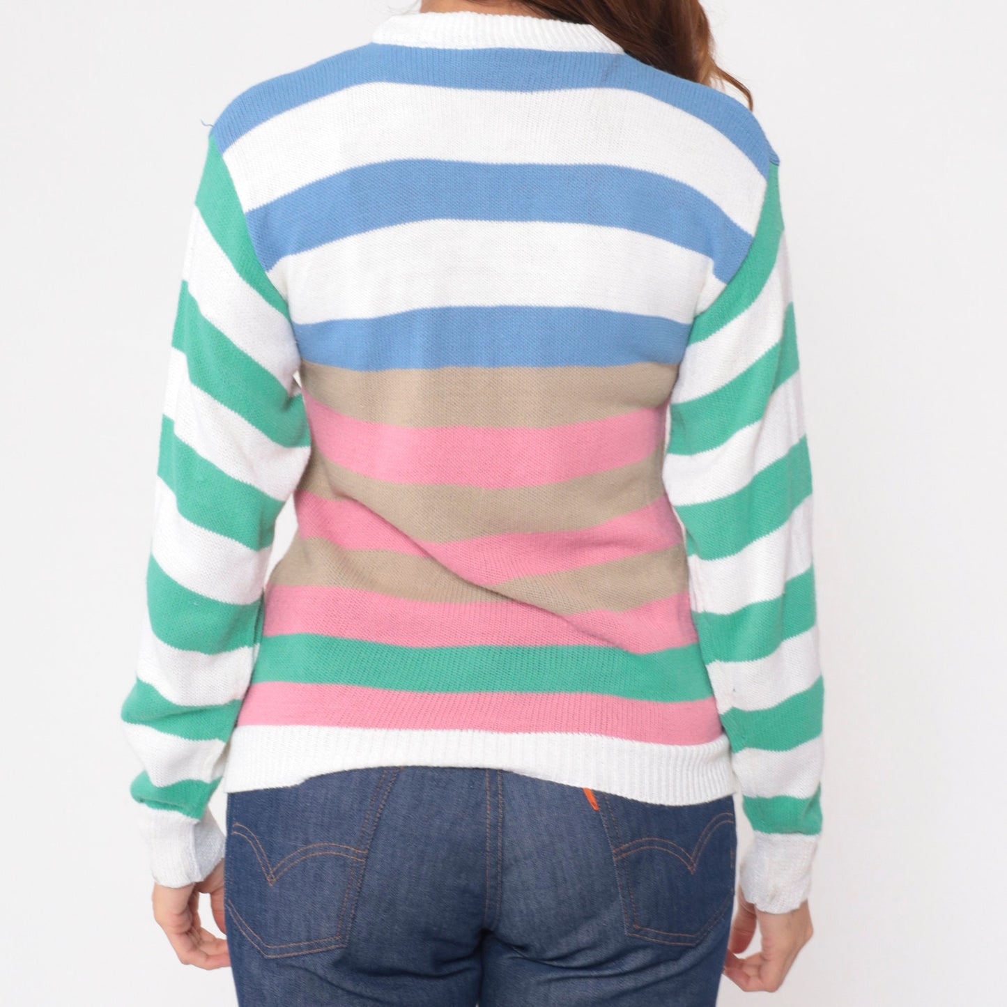 80s Colour Block Striped Crewneck Sweater White Pink Blue Green Extra Small