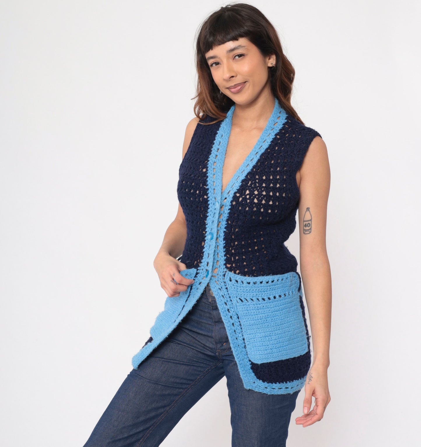 70s Navy Crochet Knit Vest Button-Up V-Neck Sheer Pockets Extra Small