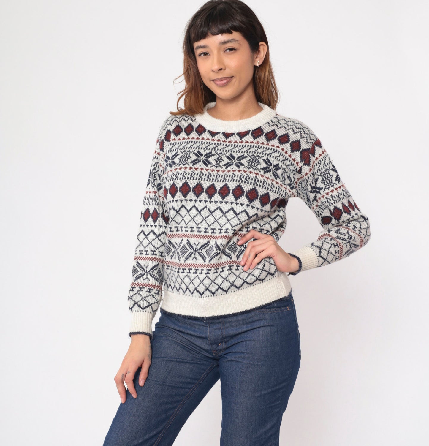80s Fair Isle Snowflake Sweater White Navy Crewneck Pullover Extra Small