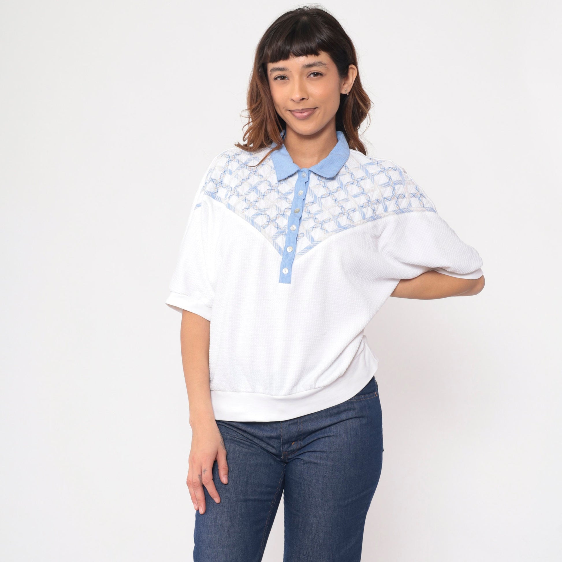 90s Koret Polo Shirt White Lattice Waffle Knit Dolman Sleeve Large L